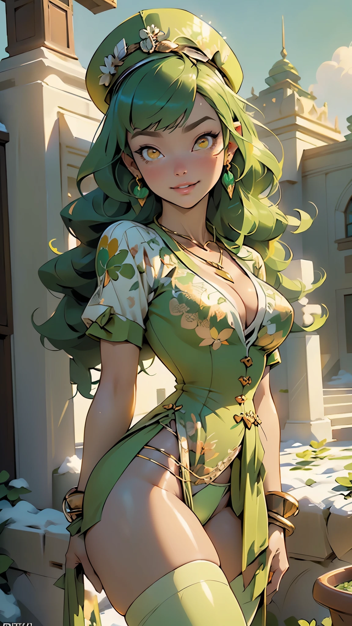 girl,1girl,
(large breasts:1.4),((((curly hair, long hair, blunt bang, yellow green hair, curly hair, long hair, blunt bang)))),(((orange_eyes:1.3))),intricate eyes,beautiful detailed eyes,symmetrical eyes,((((lustrous skin:1.5,tanned skin,bright skin: 1.5,skin tanned,shiny skin,very shiny skin,shiny body,Reflective skin)))),(spider lower abdomen,narrow waist,wide hip,athletic body,inflated legs,thick thighs,(detailed face)),beautiful detailed lips,slender waist,perfect anatomy, good body, perfect body,
cute,slutty,sensual,seductive look,seductive,((erotic)),((nsfw)),
(St. Patrick's Day, green theme),((underwear, solo, bra, panties)),( jewel in the sparkle galaxy),(clover objects, clover decorations, clover spirits),((glittering green silk corset with green thighhighs, green leprechaun hat)),(celtic creature, celtic body painting),((green panties)),(wearing gold bracelets on wrists, gold necklace, 4-leaf clovers and pot of gold:1.4),
(flirtatious pose:1.3), looking at viewer,happy expression,smile, mischievous expression,centered,scale to fit dimensions,Rule of thirds,
outdoors,(winter palace,winter palace background,pyramids in the background),scenery,extremely scenery,clouds,winter style,winter castle,(sunset, golden hour),
(Glossy clover ornaments),highres,sharp focus,(ultra detailed,extremely detailed),(photorealistic artwork:1.37),(extremely detailed CG unity 8k wallpaper),(((vibrant colors,vibrant theme))),(intricate),(masterpiece),(best quality),artistic photography,(photography taken by sldr),(intricate background),perfect rendered face,perfect face details,realistic face,photo realistic,((intricate detail)),(((realism))),