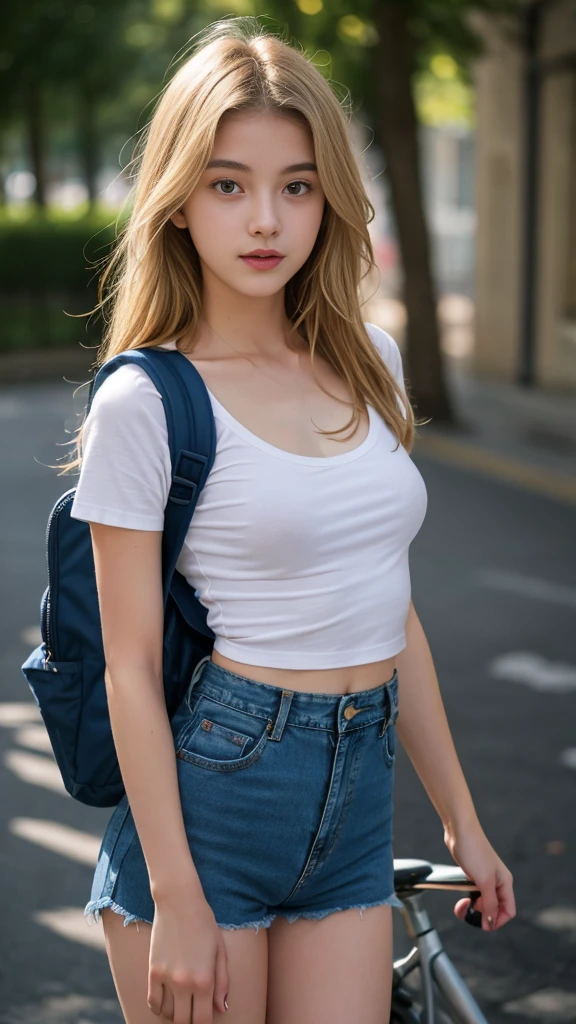 16 years old , european, blonde, small breasts, Big eyes, close up of chest, low cut t-shirt, denim shorts, powder tights, Backpack, sex machine, ray tracing, HDR