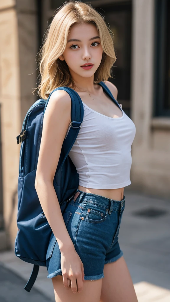 , european, blonde, small breasts, Big eyes, close up of chest, low cut t-shirt, denim shorts, powder tights, Backpack, sex machine, ray tracing, HDR