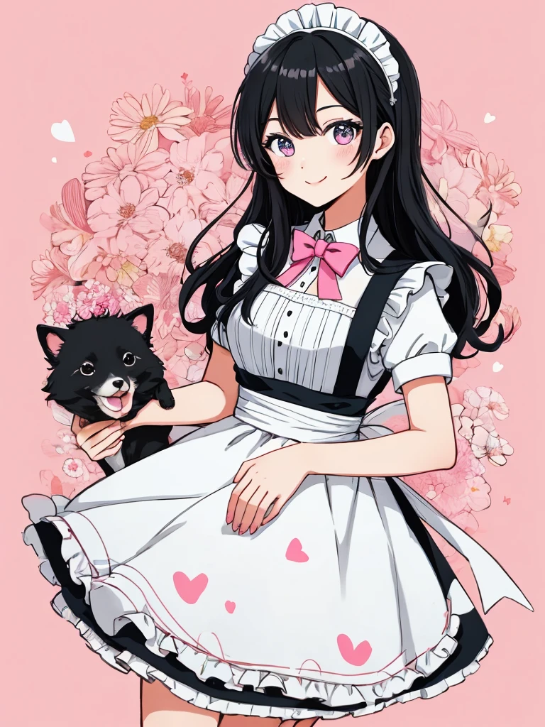 girl, , idolface, cute, floral maid, chase, 15 animals, enjoy, blackhair, blackeye, illustration, pastelcolor, doodle style, lightsmile, heart, pink background,