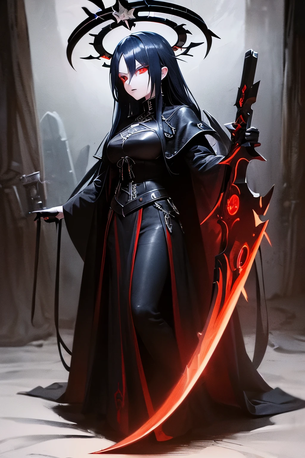 (dark,menacing:1.2),evil dark angel, (long blue hair:1.1), (red halo:1.1), (flaming sword:1.1) shaped like a cross, (dark fantasy:1.2), (red eyes:1.1), (black wings:1.1), (sinister aura:1.1), eerie atmosphere, (ominous shadows:1.1), (mysterious background:1.1), (intense lighting:1.1), (dramatic pose:1.1), medieval