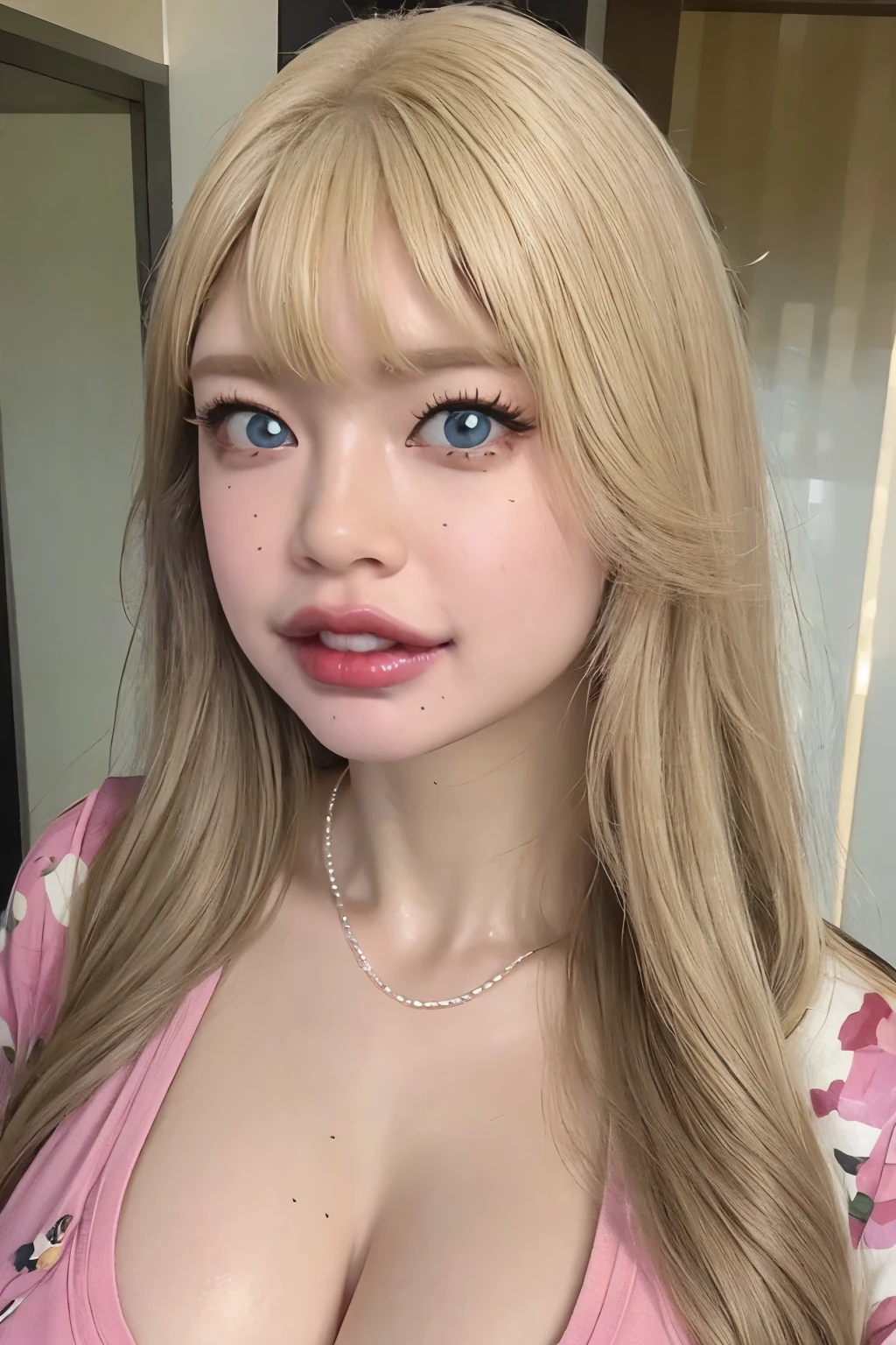 RINA, Babe Rina, 1girl, portrait, standing straight, blonde halfup hair, blonde curly hairstyle, blueish eyes contact, (detailed eyelash:1.4), pink teak, K_style, short-sleeved JK_shirt, short-sleeved JK_sailor, JK_suit, JK_tie, revealing skin, pink barbie looks, bimbo lips, big lips, red lipgloss, (sexy lips:1.4), pink room, gigantic breast, oppai, princess look, looking at camera, Ultra-realistic capture, Highly detailed, High resolution 16k, Skin should look healthy, Use natural light and color