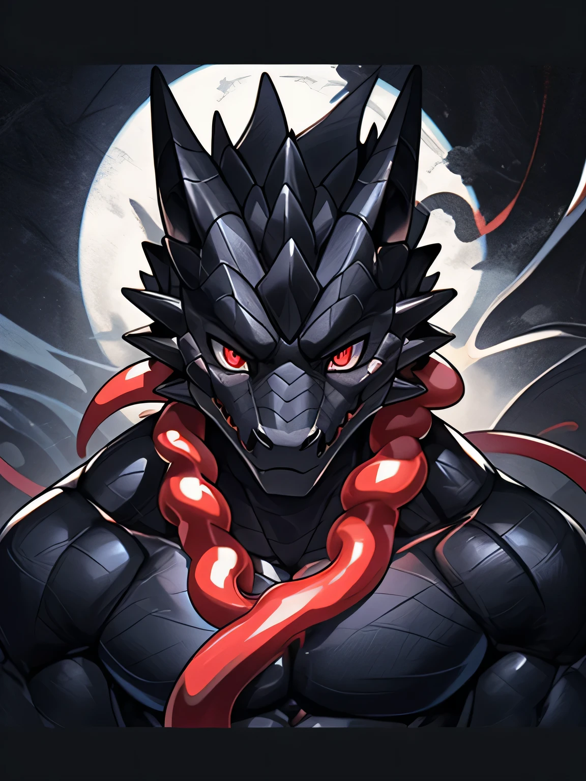 Black dragon，black scales，youth，Handsome，red pupils，Cai Xukun&#39;High quality fan art，clear lines，black background，Black tentacles around，masterpiece，Dark atmosphere，Draw only faces，Black shadow covers half of the face