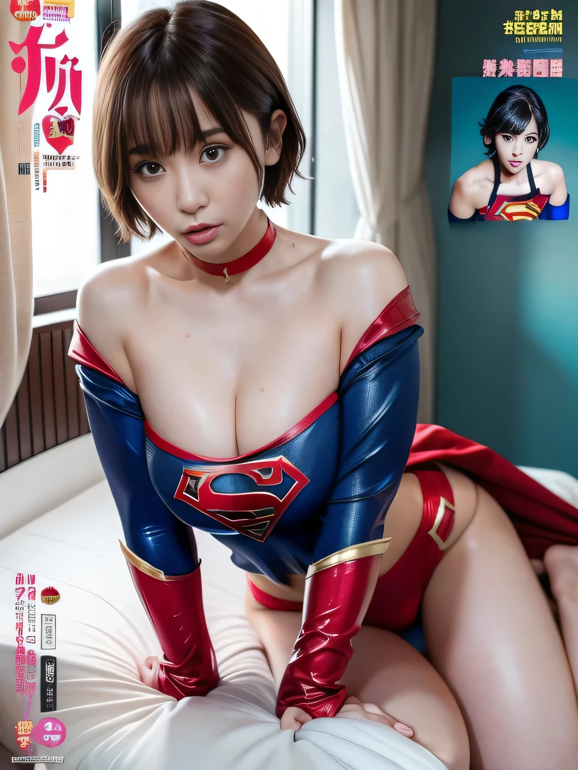 masterpiece、supergirl costume、short hair、barefoot、big and full breasts、Relax in bed、Sexy poses to seduce、model body shape、shiny、looking at camera、choker、long sleeve、red mini skirt、Weekly magazine cover、obscene、sweaty、Radical、off shoulder、Glamorous、