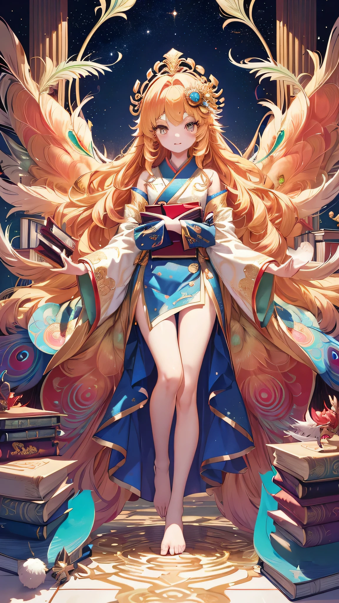 Peacock Ming King、cute girl、personification、(golden hair)、medium long hair、fluffy hair、golden eyes、cute girl、A flashy kimono in white, gold, red and blue、(full body shot)、(facing forward)、((Because the arms4Book))、((foot2Book))、Peacock feathers on the back、Third eye on forehead、