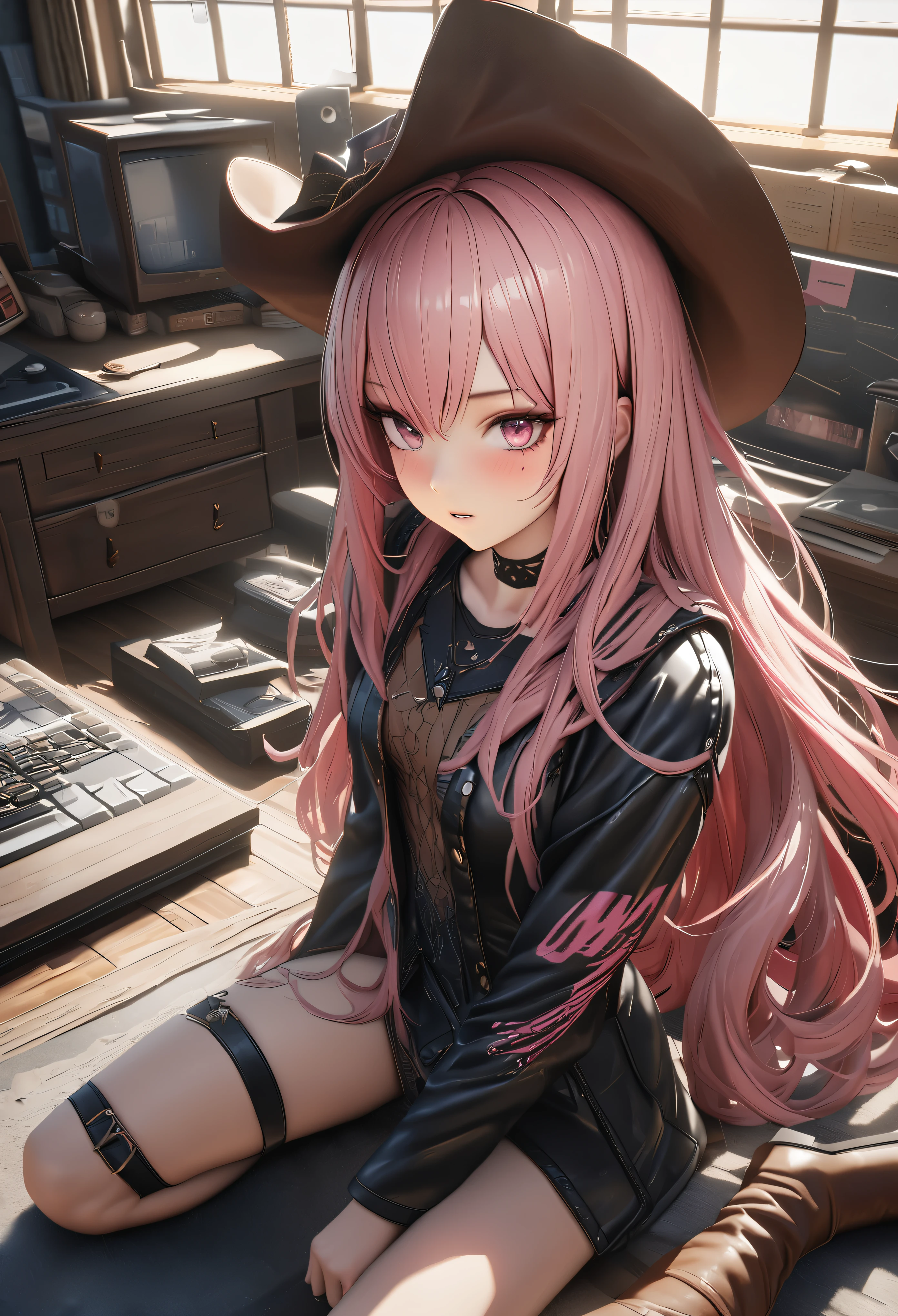 masterpiece,highest quality, Super detailed, High resolution, expensive resolution, HDR, 4k, 8K, unity 8k wallpaper, Super detailed CG, masterpiece, realistic, 2D, 3D, beautiful details, depth, fine texture , super fine: 1.3, Fully focused, Crispy.skin, .he,
Very cute anime girl 、cowboy style costume、cowboy hat、cowboy boots technic wilderness、duel、long swordを持つ、Pink semi-long hair wearing expensive , one girl、alone, Pink semi-long hair,  cowboy style、cowboy hat、long sword、duel、cowboy boots、computer、disk、mole under the eye, looking at the viewer , expensive , blush, mole, parted lips, hair ornaments, heart, pink eyes, choker