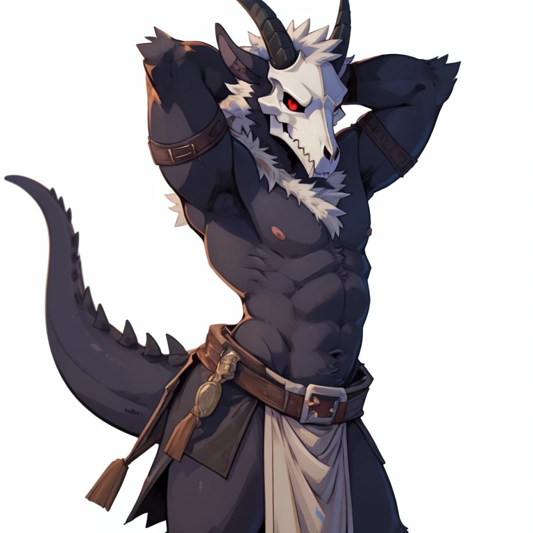 solo, goat horns, black dragon, black scalie, fully black body, black chest, goat skull mask, goat skull, skull mask, red eyes, white hair, white chest tuft, 1 boy, (pose:1.3), (posing:1.3), 4k, hi res, detailed face, 1boy, brown background, naked, fully nude, fully naked, nude, uploaded to e621, exposed body, topless, shirtless, by zackary911, by haps, by kattalu, by jarlium,by zex, white background, sfw, safe for work, fluffy crotch, crotch tuft,