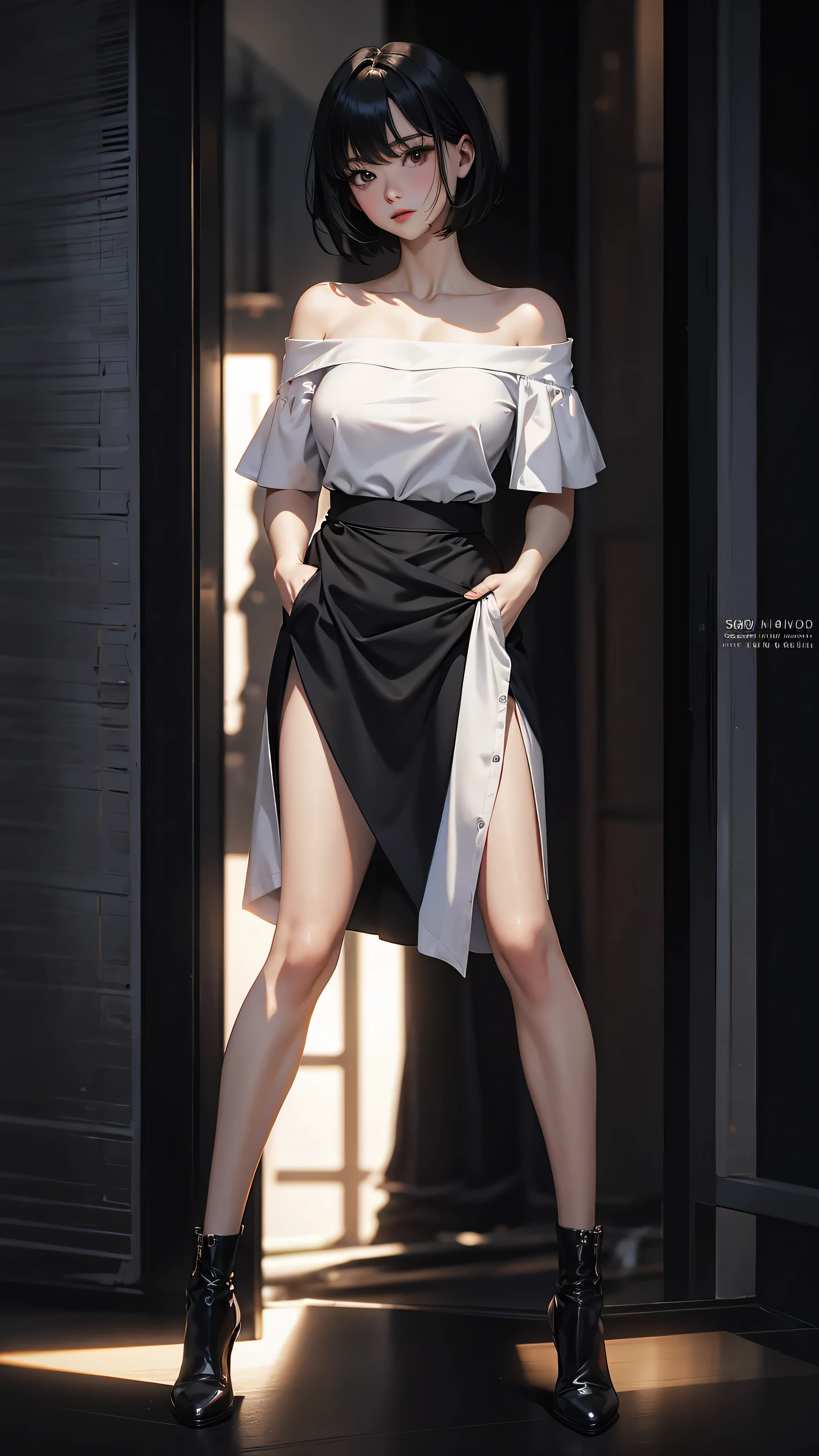 ((Highly detailed CG unit 8k wallpaper, masterpiece, High resolution, highest quality, highest qualityのリアルテクスチャスキン)), ((Hands in pockets pose:1.5, fashion pose:1.2, A cool NY fashion girl influenced by nostalgic and inorganic mode fashion., detailed costume:1.4, fine embroidery, Off-the-shoulder drop shoulder shirt and solid high waist draped skirt:1.3, Asymmetrical short hair, Nana Komatsu)), (((blurred background, An empty back alley in New York))), Close-up, hyper realistic, digital painting, concept art,