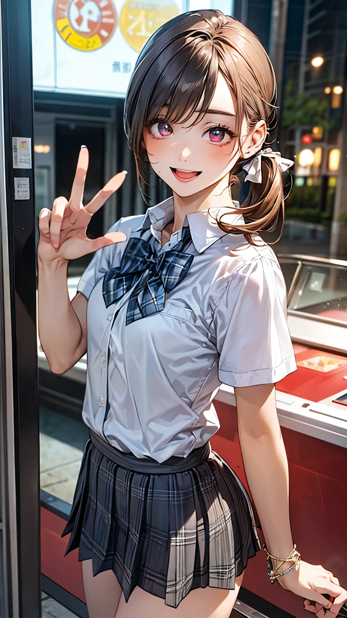 (masterpiece:1.2, top-quality), (realistic, photorealistic:1.4), beautiful illustration, (natural side lighting, movie lighting),
looking at viewer, full body, front view:0.6, 1 girl, japanese, high school girl, perfect face, cute and symmetrical face, suntan, shiny skin,
(long hair:1.5, side ponytail:1.4, brown hair), hair over one eye:1.4, maroon eyes, long eye lasher, (large breasts:0.6),
beautiful hair, beautiful face, beautiful detailed eyes, beautiful clavicle, beautiful body, beautiful chest, beautiful thigh, beautiful legs, beautiful fingers,
((collared short sleeve shirt, white shirt, , grey plaid pleated skirt, blue plaid bow tie), wrist chakra),
(beautiful scenery), evening, amusement arcade, (peace sign, lovely smile, upper eyes, open mouth small),