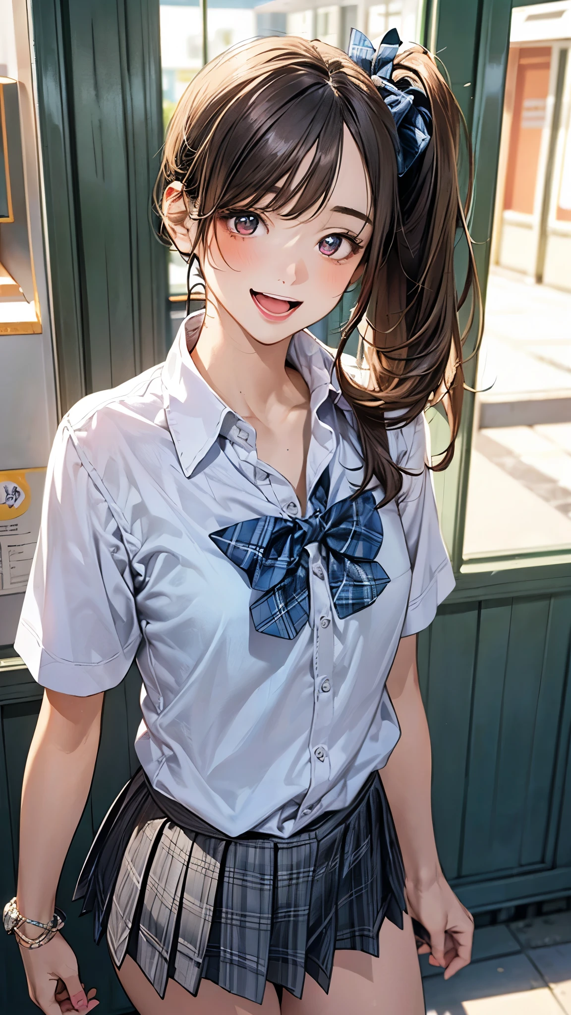 (masterpiece:1.2, top-quality), (realistic, photorealistic:1.4), beautiful illustration, (natural side lighting, movie lighting),
looking at viewer, full body, front view:0.6, 1 girl, japanese, high school girl, perfect face, cute and symmetrical face, suntan, shiny skin,
(long hair:1.5, side ponytail:1.4, brown hair), hair over one eye:1.4, maroon eyes, long eye lasher, (large breasts:0.6),
beautiful hair, beautiful face, beautiful detailed eyes, beautiful clavicle, beautiful body, beautiful chest, beautiful thigh, beautiful legs, beautiful fingers,
((collared short sleeve shirt, white shirt, , grey plaid pleated skirt, blue plaid bow tie), wrist chakra),
(beautiful scenery), evening, amusement arcade, (peace sign, lovely smile, upper eyes, open mouth small),