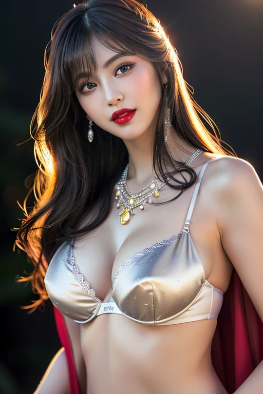 (highest quality、Full body photo 1.2、8K、best image quality、Award-winning work)、(one young girl, :1.3)、(bright red underwear:1.2)、(red eyeshadow:1.2)、perfect makeup、long eyelashes、Super high-definition sparkling eyes、ultra high definition hair、ultra high resolution glossy lips、Super high resolution perfect teeth、Super high resolution cute face、brown hair、(((very long straight hair:1.2))、look at me and smile、[clavicle]、accurate anatomy、Luxury love hotel、(The most moody warm lighting:1.2)、blurred background、With bangs、Super high-resolution glossy and moisturized face、Super high resolution glowing skin、most detailed face、Ultra high resolution detailed faces、ultra high resolution hair、Super high resolution sparkling eyes、Beautiful face drawn in every detail、Super high resolution glossy red lips、big breasts、cleavage、Fashionable necklaces、(((Full body photo 1.2)))、Hair fluttering in the wind 1.2、gray background、(((Professional Lighting 1.5)))、(((white underwear 1.5)))black background、Background surrounded by red roses 1.2