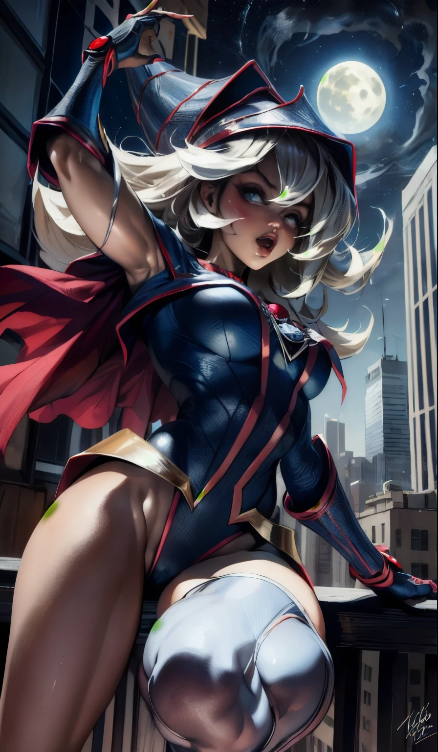 Dark magician gils spiderman version (obra maestra, 4K resolution, ultrarrealista, Muy detallado), (White superhero theme, charismatic, hay una chica en la cima de la ciudad, vistiendo disfraz de Spider-Man, she is a superhero), [ ((25 years), (pelo largo y rubio:1.2), cuerpo completo, (blue eyes:1.2), ( saltando de un edificio a otro), ((entorno urbano arenoso):0.8)| (paisaje urbano, por la noche, dynamic lights), (Luna llena))] # Explanation: The message mainly describes a 4K ultra high definition painting., Muy realista, Muy detallado. Shows a superheroine on top of the city., vistiendo un disfraz de Spider-Man. The subject of the painting is a white superhero theme., the female protagonist has pelo largo y blanco, is 25 years old and her entire body is shown in the painting. In terms of portraying the actions of superheroines., spiders are used