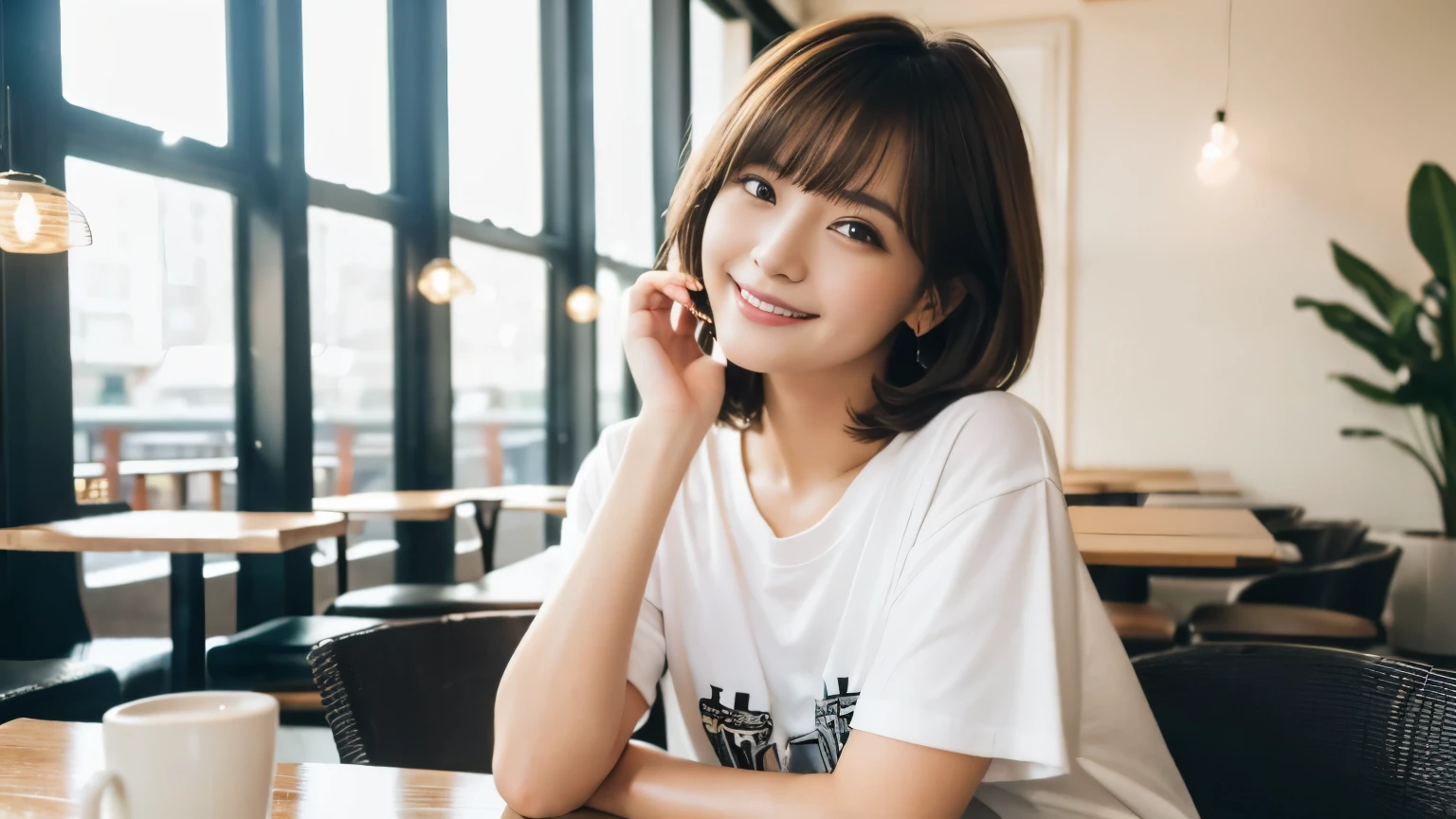 (highest quality,8K quality,masterpiece:1.3,),(超A high resolution:1.3,Photoreal:1.4,RAW photo:1.2),(super detailed:1.2,shiny skin,fine skin:1.1),(detailed face,perfect anatomy,caustics:1.2),stylish cafe,1 girl,cute,Japanese,22 years old,Natural brown hair,curl short hair outwards,cute目,natural makeup,oversized t-shirt,laughter,look at the camera,Shot in a café,professional lighting,natural soft light,