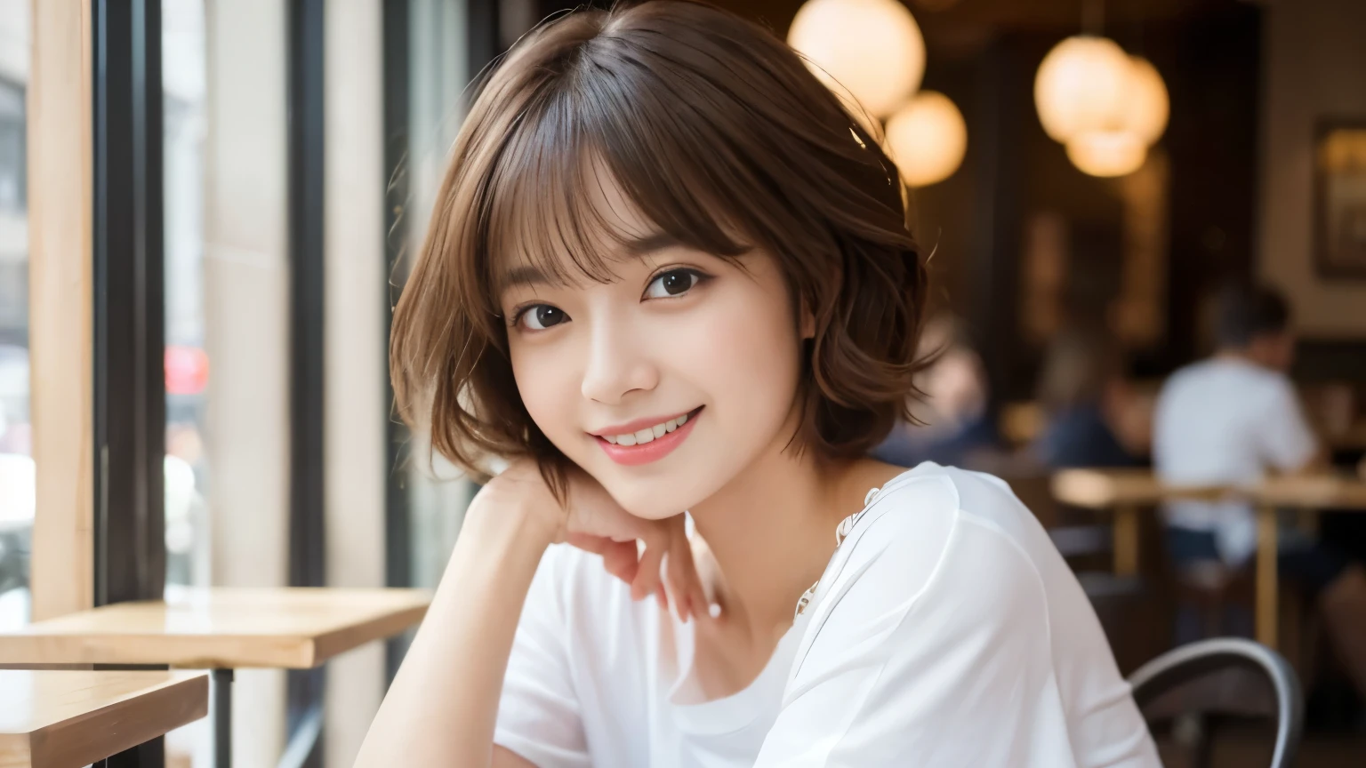 (highest quality,8K quality,masterpiece:1.3,),(超A high resolution:1.3,Photoreal:1.4,RAW photo:1.2),(super detailed:1.2,shiny skin,fine skin:1.1),(detailed face,perfect anatomy,caustics:1.2),stylish cafe,1 girl,cute,Japanese,22 years old,Natural brown hair,curl short hair outwards,cute目,natural makeup,oversized t-shirt,laughter,look at the camera,Shot in a café,professional lighting,natural soft light,
