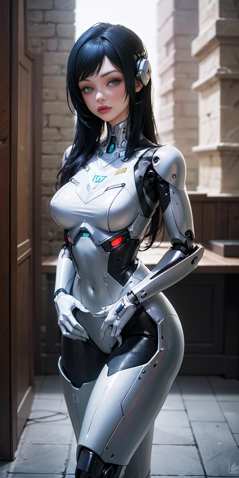 There is a woman in a robot suit posing next to an ancient building, Beautiful white girl half cyborg, Cute cyborg girl, Beautiful girl cyborg, Perfect Robot Girl, Cyborg girl, Young cyborg grady, Beautiful Female Robot, Beautiful robot woman, cyborg girl, perfect cyborg female, porcelain cyborg, Female robot, Beautiful cyborg images