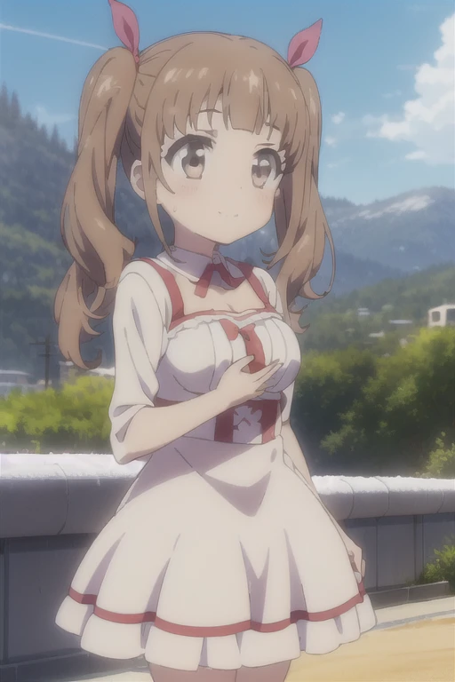 1girl,solo,smile,((large breast)), outdoor,white dress,
aasayu,brown_hair,vrown_eyes,long_hair,twintails,two_side_up,bangs,hair_ribbon,
