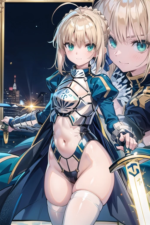 Artoria Pendragon (saber),Yellow theme，holdingsword，armor，exposing your navel，SakuraNS，Promotional poster style，D cup，exposing your navel，Sexy one-piece stockings，Happy look，Fleshy thighs
