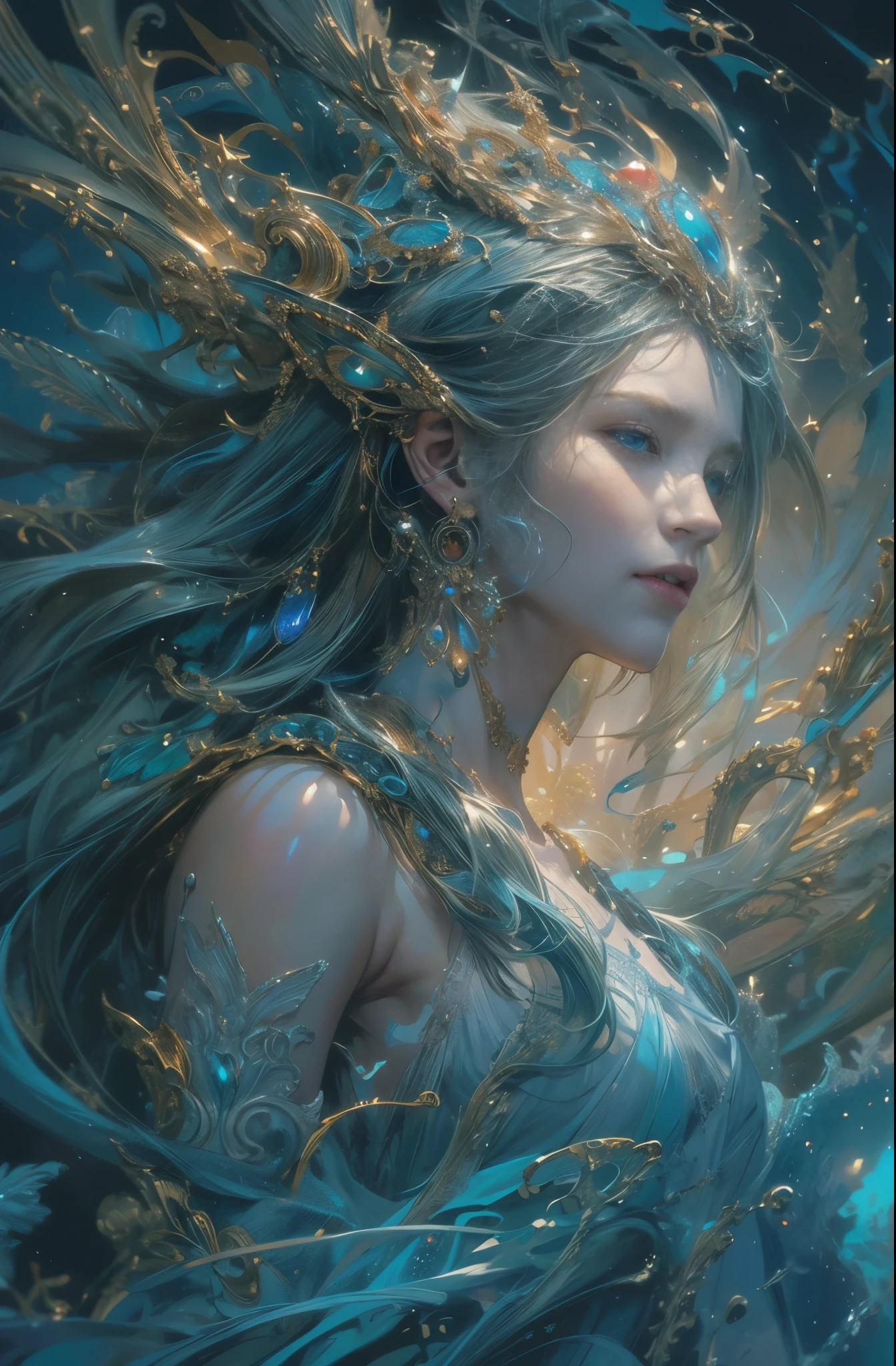 water spirit, Tethys, goddess of the sea, Guardian of the seas, sacred, Mystery of the Deep Sea, Majestic, dignity, 4K fantasy art, Written by Gene Jay., fantasy art style, 2. 5D CGI Anime Fantasy Artwork, epic fantasy art style hd, Epic fantasy digital art style, detailed fantasy art, Detailed digital 2D fantasy art, Luan Jia and Artgerm, 8K fantasy art, sharp outline, very fine and beautiful eyes, Beautiful and delicate blue eyes, pretty much beautiful face, unparalleled beauty, masterpiece, highest quality, perfect angle, perfect composition, best shot, official art, cinematic light, very beautiful and fantastic scenery, chivalry dream, sense of presence, Michael'S letter, Christoph Huge 、Ultra-precision coating, Luminousism, art by Carne Griffiths and What a bone concept art, 4K resolution, Fractal isometricdetailed bioluminescence , 3D rendering, octane rendering, intricately detailed , cinematic, Trending isometric surreal cover photos、art station'amazing full color, handwritten, Defining a hit , cinematic,amazing background, abstract beauty,stand, approaching perfection, pure form, golden ratio, minimalistic, unfinished, concept art, Written by Brian Froud、khan griffith、What a bone、john william waterhouse, intricate details, 8K post production, High resolution, hyper detail, art stationのトレンド, studio photography, intricate details, Very delicate and detailed painting style, Beautiful painting art, greg latkowski, Close-up, female solo