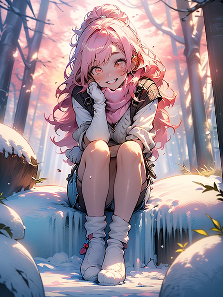 (6-month-old baby) (toddler) girl squatting, snow on nose, (looking at viewer) tongue, baby face, cute, eyelashes, long hair, (colorful), (bottomless), pussy, pink boots, winter, outside, (snowing), trees, bushes, bright lighting, depth of field, topless, shirtless, 4 fingers, (spreading pussy with fingers), (scat:1.2),((pooping)), pooping coming from anus