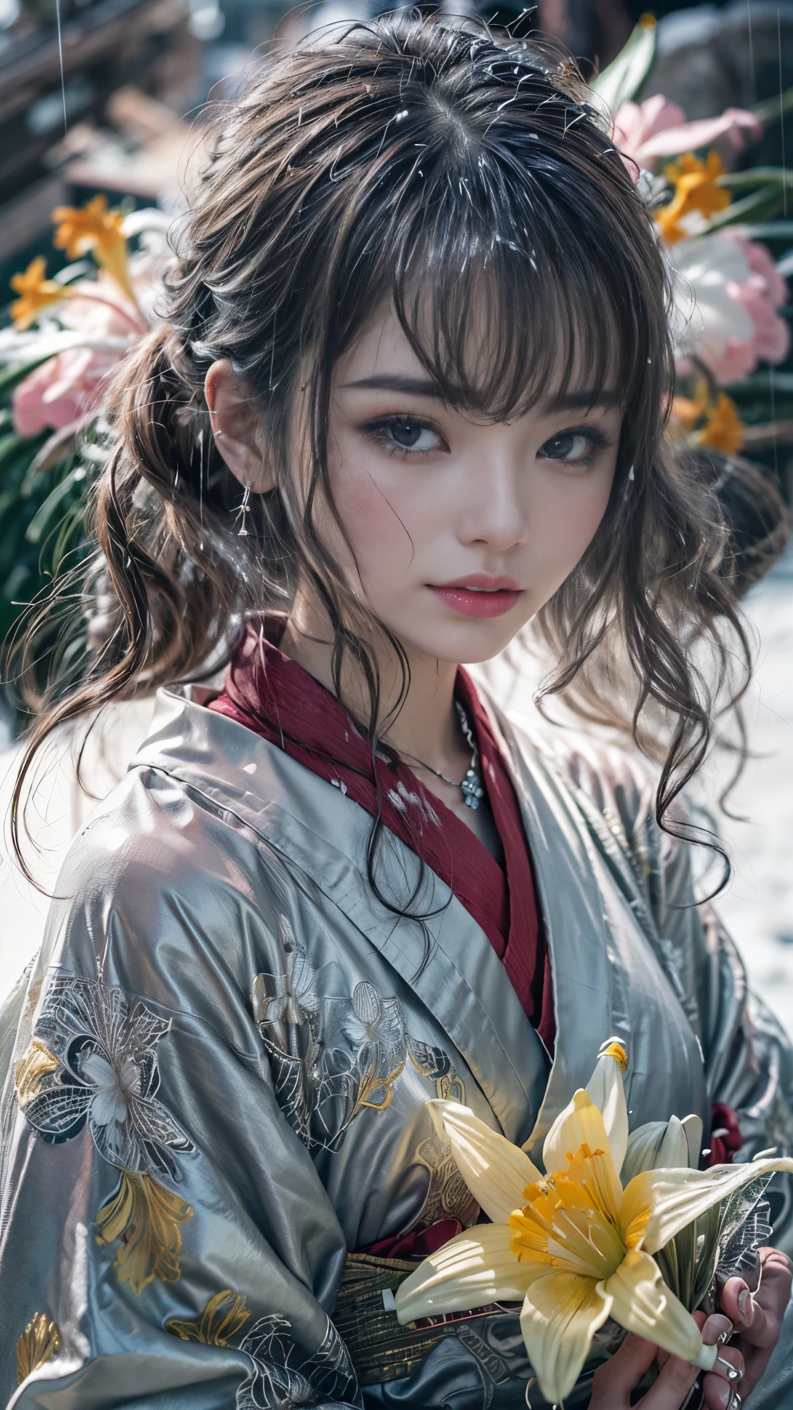 (Photoreal:1.5, 8K, highest quality, masterpiece, ultra high resolution), (((heavy snow, Blizzard))), Highly detailed skin and facial textures:1.3, perfect dynamic composition:1.2, (In front of a shrine at night in a modern city, expression of sadness:1.0, Tears are flowing:1.0, cry with a broken heart:1.0), Slim office lady wet in the rain:1.2, cowboy shot, Fair skin:1.2, sexy beauty:1.1, perfect style:1.2, beautiful and aesthetic:1.1, very beautiful face:1.2, water droplets on the skin, (rain drips all over my body:1.2, wet body:1.2, wet hair:1.3), (Professional kimono dressing:1.1, Holding a bouquet of wet daffodils:1.2, Wearing a wet silver kimono correctly:1.3), (Medium chest, Bra is sheer, Chest gap),  (Big eyes that exude beautiful eroticism:0.8, adult charm:0.8, Bewitching:0.8), necklace, earrings, bracelet, wedding ring, Highly detailed and accurate hand and finger representation