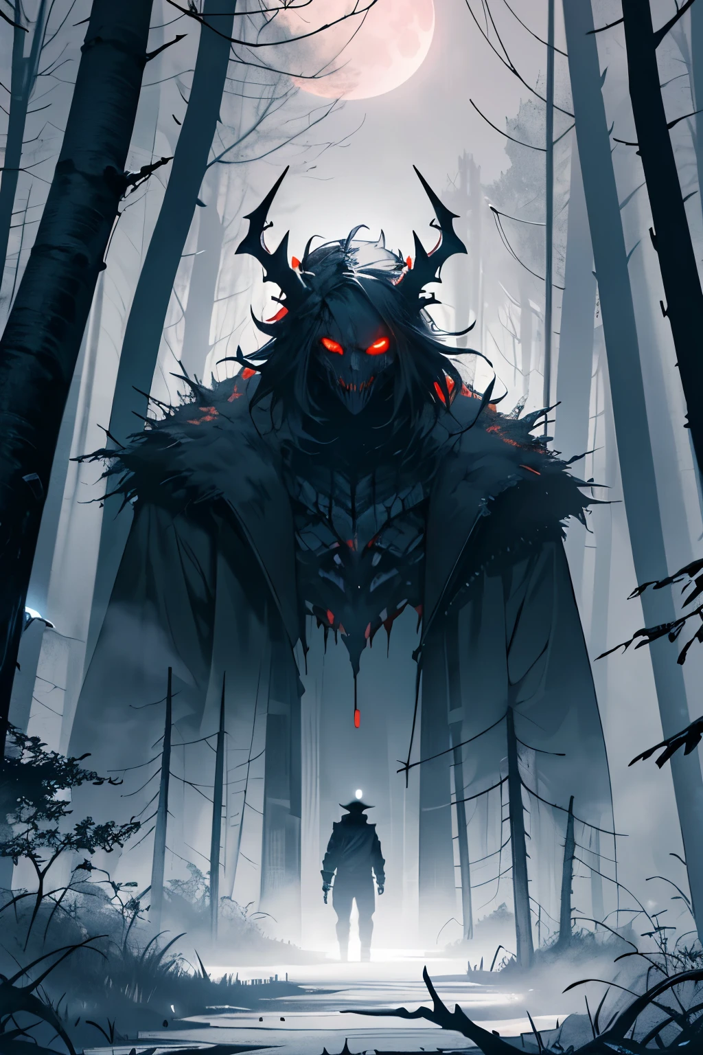 (detailed horns mask:1.2),(dark,evil) atmosphere,(mysterious,ominous,gritty) texture,1demonic character,sharp fangs,glowing red eyes,long sharp horns,pale skin,black claws,overgrown dark forest,ominous moonlight,heavy fog,spooky ambiance,bloody red color scheme,haunting shadows,creepy mist,horror genre,nightmarish,dynamic lighting,high contrast,ethereal feel,vivid colors