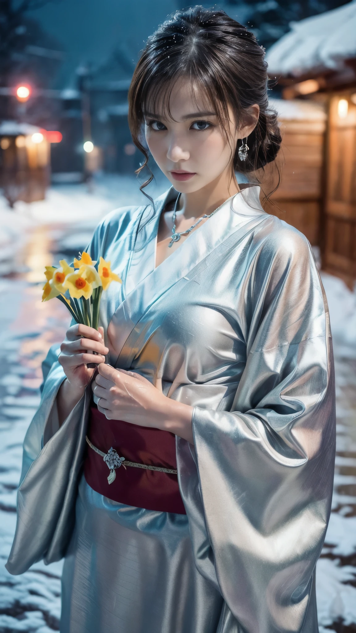 (Photoreal:1.5, 8K, highest quality, masterpiece, ultra high resolution), (((heavy snow, Blizzard))), Highly detailed skin and facial textures:1.3, perfect dynamic composition:1.2, (In front of a shrine at night in a modern city, expression of sadness:1.0, Tears are flowing:1.0, cry with a broken heart:1.0), Slim office lady wet in the rain:1.2, cowboy shot, Fair skin:1.2, sexy beauty:1.1, perfect style:1.2, beautiful and aesthetic:1.1, very beautiful face:1.2, water droplets on the skin, (rain drips all over my body:1.2, wet body:1.2, wet hair:1.3), (Professional kimono dressing:1.1, Holding a bouquet of wet daffodils:1.2, Wearing a wet silver kimono correctly:1.3), (Medium chest, Bra is sheer, Chest gap), (Big eyes that exude beautiful eroticism:0.8, adult charm:0.8, Bewitching:0.8), necklace, earrings, bracelet, wedding ring, Highly detailed and accurate hand and finger representation