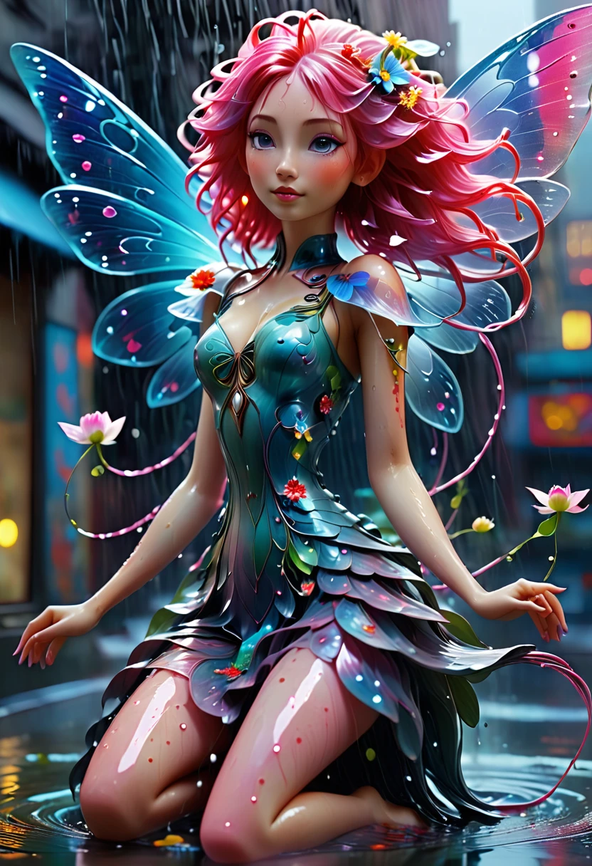 ((ultra detailed of a beautiful water nymph)) With transulent flowers in her pink sparking hair android fairy with blue and red translucent wings, beautiful sitting in the rain in a misty city studio soft light, rim light, electric wires, microchip, elegant, beautiful background, octane render, . incredible graffiti art, splash art, street art, spray paint, oil gouache melting, acrylic, high contrast, colorful polychromatic, ultra detailed, ultra quality, CGSociety"