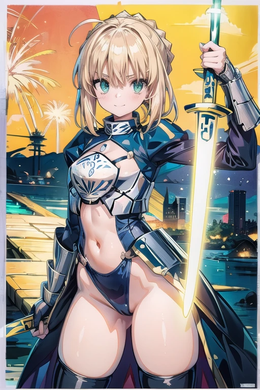 Artoria Pendragon (saber),Yellow theme，holdingsword，armor，exposing your navel，SakuraNS，Promotional poster style，((D cup))，exposing your navel，Sexy one-piece stockings，Happy look，Fleshy thighs
