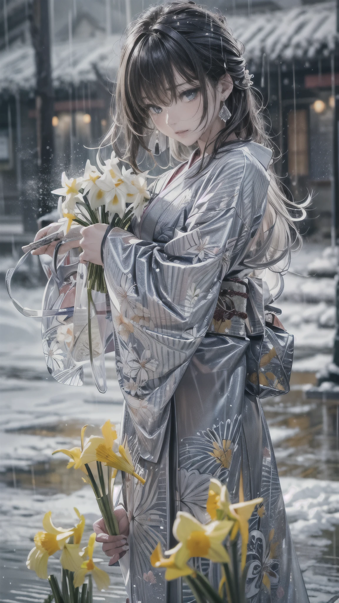 (Photoreal:1.5, 8K, highest quality, masterpiece, ultra high resolution), (((heavy snow, Blizzard))), Highly detailed skin and facial textures:1.3, perfect dynamic composition:1.2, (In front of a shrine at night in a modern city, expression of sadness:1.0, Tears are flowing:1.0, cry with a broken heart:1.0), Slim office lady wet in the rain:1.2, cowboy shot, Fair skin:1.2, sexy beauty:1.1, perfect style:1.2, beautiful and aesthetic:1.1, very beautiful face:1.2, water droplets on the skin, (rain drips all over my body:1.2, wet body:1.2, wet hair:1.3), (Professional kimono dressing:1.1, Holding a bouquet of wet daffodils:1.2, Wearing a wet silver kimono correctly:1.3), (Medium chest, Bra is sheer, Chest gap), (Big eyes that exude beautiful eroticism:0.8, adult charm:0.8, Bewitching:0.8), necklace, earrings, bracelet, wedding ring, Highly detailed and accurate hand and finger representation