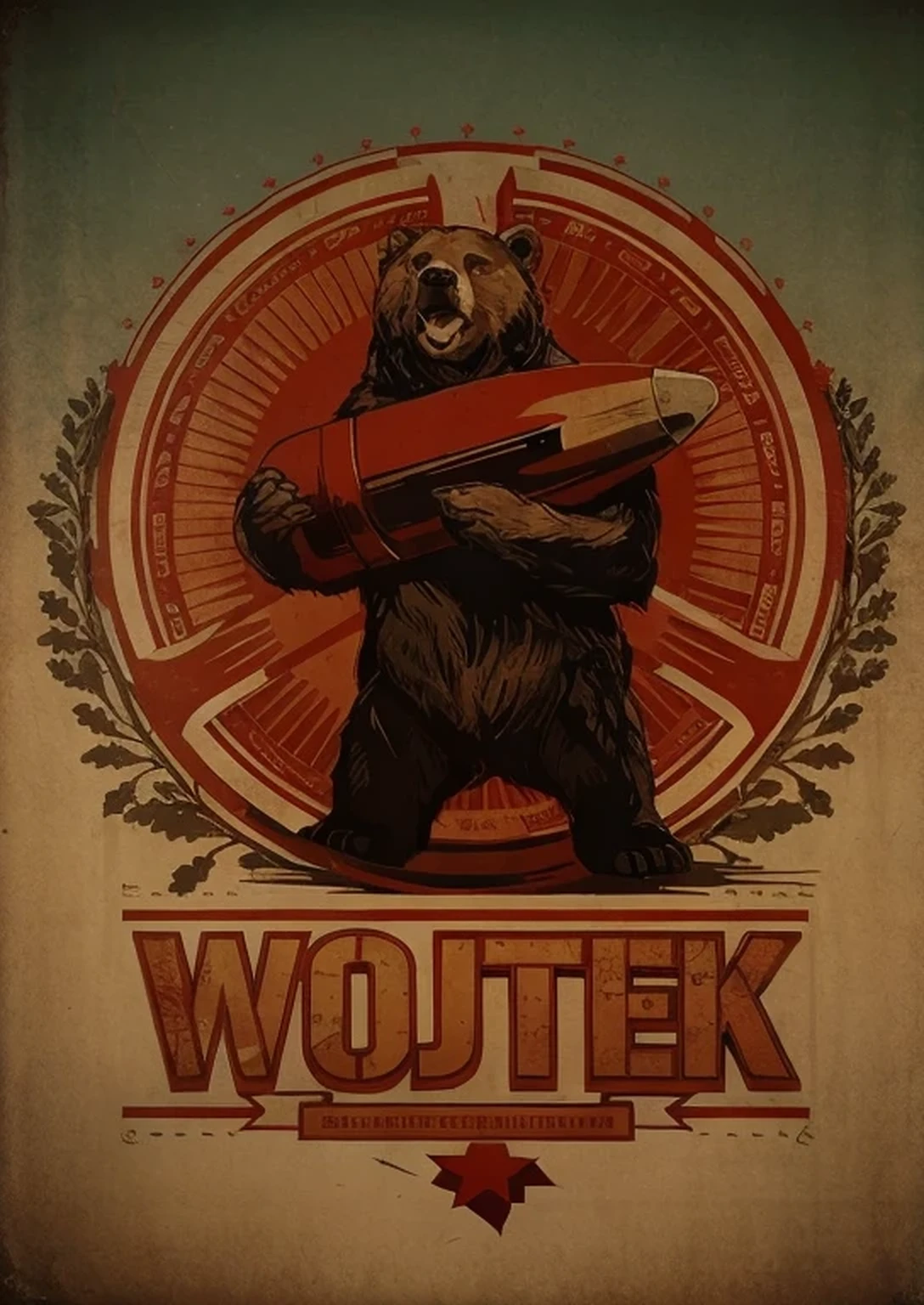 banner, shows a beautiful bear holding an artillery projectile, in the background you can see hammer and sickle, red flag, behind him a large crowd of Russians, and a Russian city, communist symbols, style soviet propaganda, Wojtek poster, russian letters