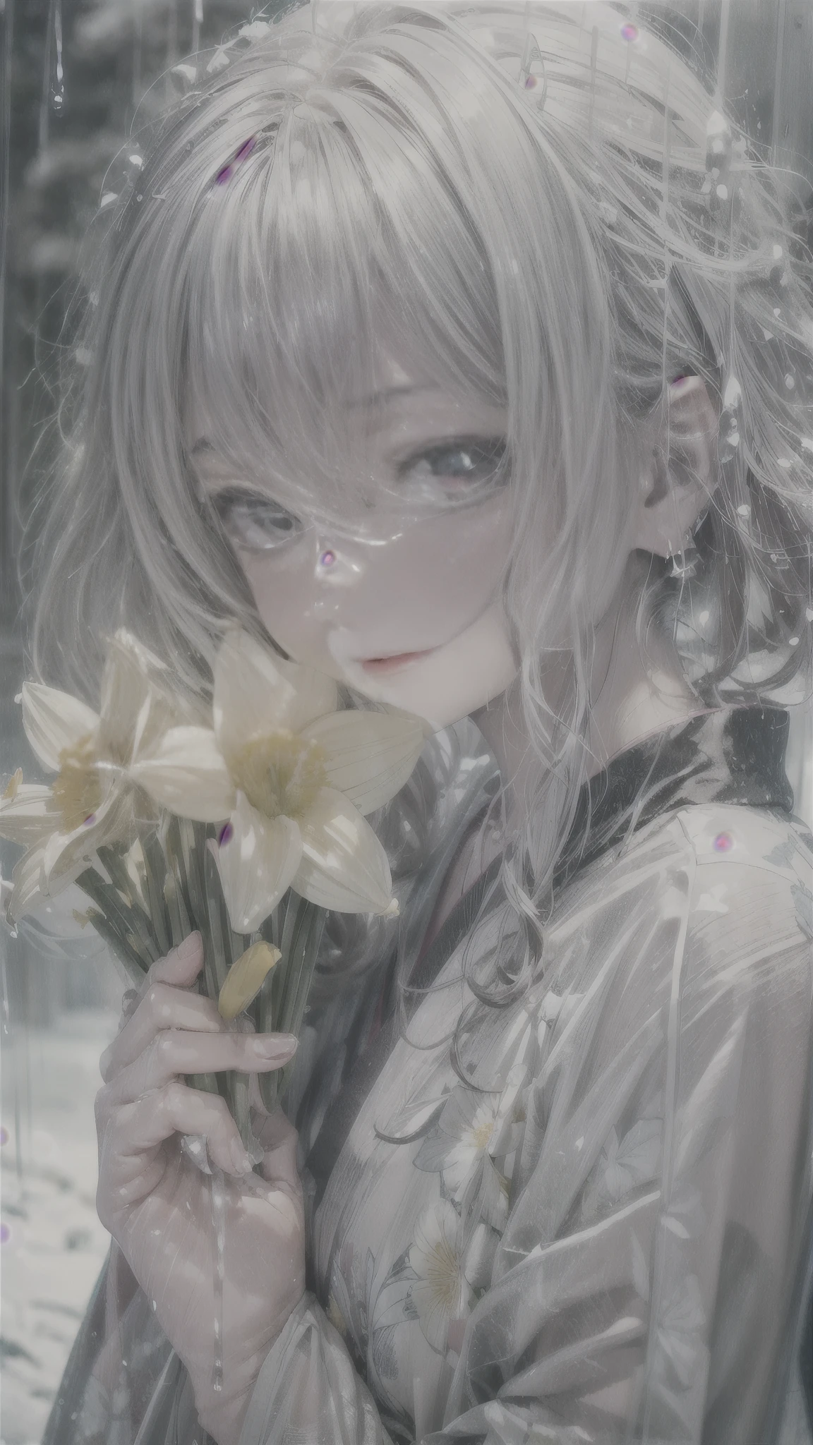 (Photoreal:1.5, 8K, highest quality, masterpiece, ultra high resolution), (((heavy snow, Blizzard))), Highly detailed skin and facial textures:1.3, perfect dynamic composition:1.2, (In front of a shrine at night in a modern city, expression of sadness:1.0, Tears are flowing:1.0, cry with a broken heart:1.0), Slim office lady wet in the rain:1.2, cowboy shot, Fair skin:1.2, sexy beauty:1.1, perfect style:1.2, beautiful and aesthetic:1.1, very beautiful face:1.2, water droplets on the skin, (rain drips all over my body:1.2, wet body:1.2, wet hair:1.3), (Professional kimono dressing:1.1, Holding a bouquet of wet daffodils:1.2, Wearing a wet silver kimono correctly:1.3), (Medium chest, Bra is sheer, Chest gap), (Big eyes that exude beautiful eroticism:0.8, adult charm:0.8, Bewitching:0.8), necklace, earrings, bracelet, wedding ring, Highly detailed and accurate hand and finger representation