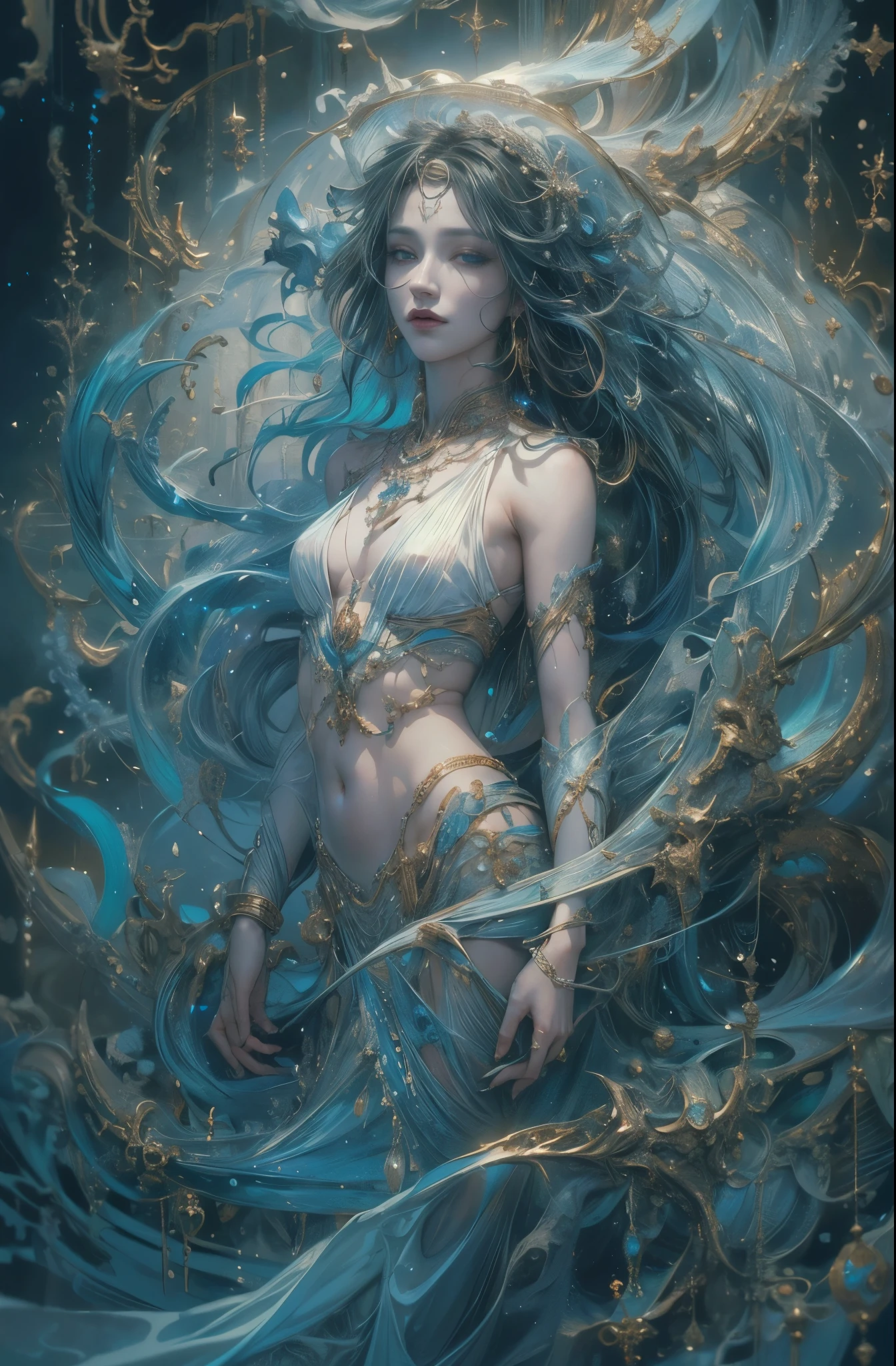 best quality，masterpiece，ultra high resolution，（Shoot real：1.4），Surrealism，like a dream，Beautiful blue-skinned goddess wearing phoenix and peacock, Nautilus, A betta，The creation of fantasy，Brain conch，dream conch，Biopunk Nautilus，Exciting color schemes， Surrealism， Abstract， psychedelia,