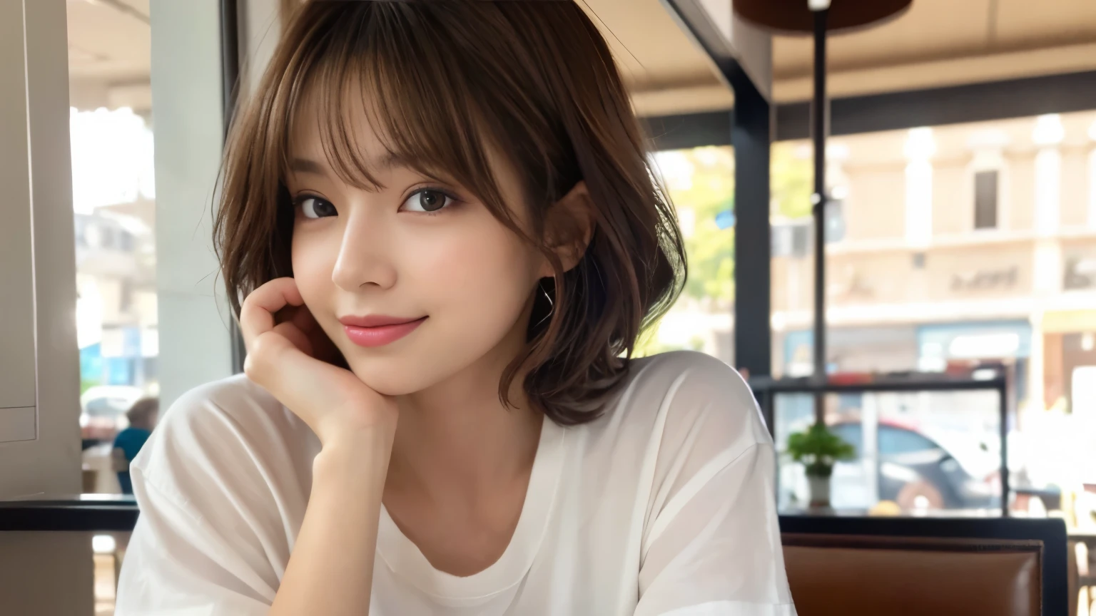 (highest quality,8K quality,masterpiece:1.3,),(超A high resolution:1.3,Photoreal:1.4,RAW photo:1.2),(super detailed:1.2,shiny skin,fine skin:1.1),(detailed face,perfect anatomy,caustics:1.2),stylish cafe,1 girl,cute,Japanese,22 years old,Natural brown hair,curl short hair outwards,cute目,natural makeup,oversized t-shirt,laughter,look at the camera,Shot in a café,professional lighting,natural soft light,