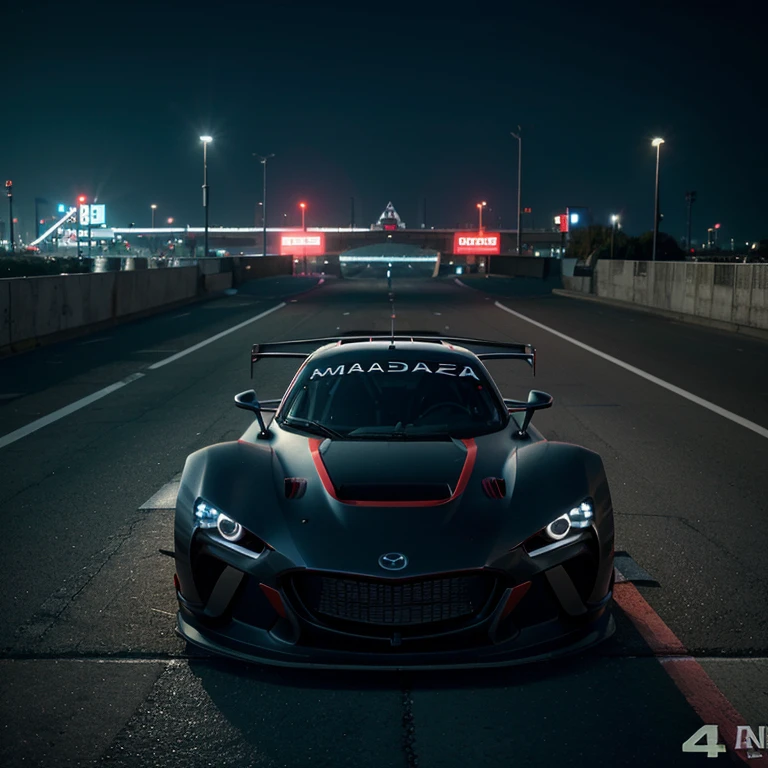 Crea un auto deportivo Mazda Rx vision GT 3 con defectos de humos, en una ciudad hermosa futurista, vista de un dron, Industrial design with lighting, ultra realistic neon lights, la mejor calidad, 4k