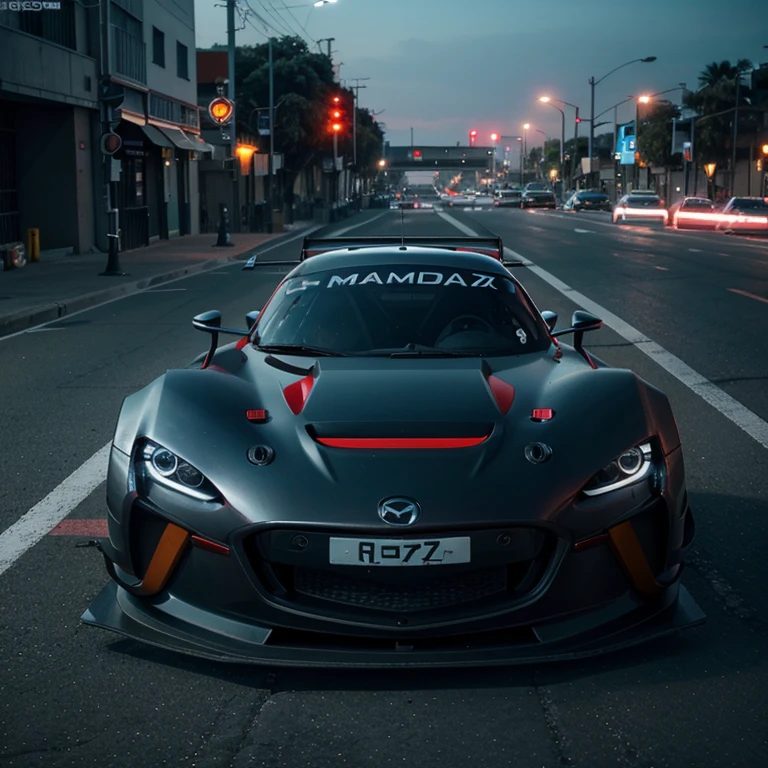 Crea un auto deportivo Mazda Rx vision GT 3 con defectos de humos, en una ciudad hermosa futurista, vista de un dron, Industrial design with lighting, ultra realistic neon lights, la mejor calidad, 4k