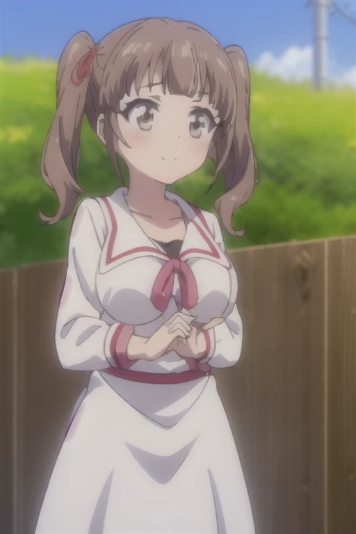 1girl,solo,smile,((large breast)), outdoor,white dress,
aasayu,brown_hair,vrown_eyes,long_hair,twintails,two_side_up,bangs,hair_ribbon,