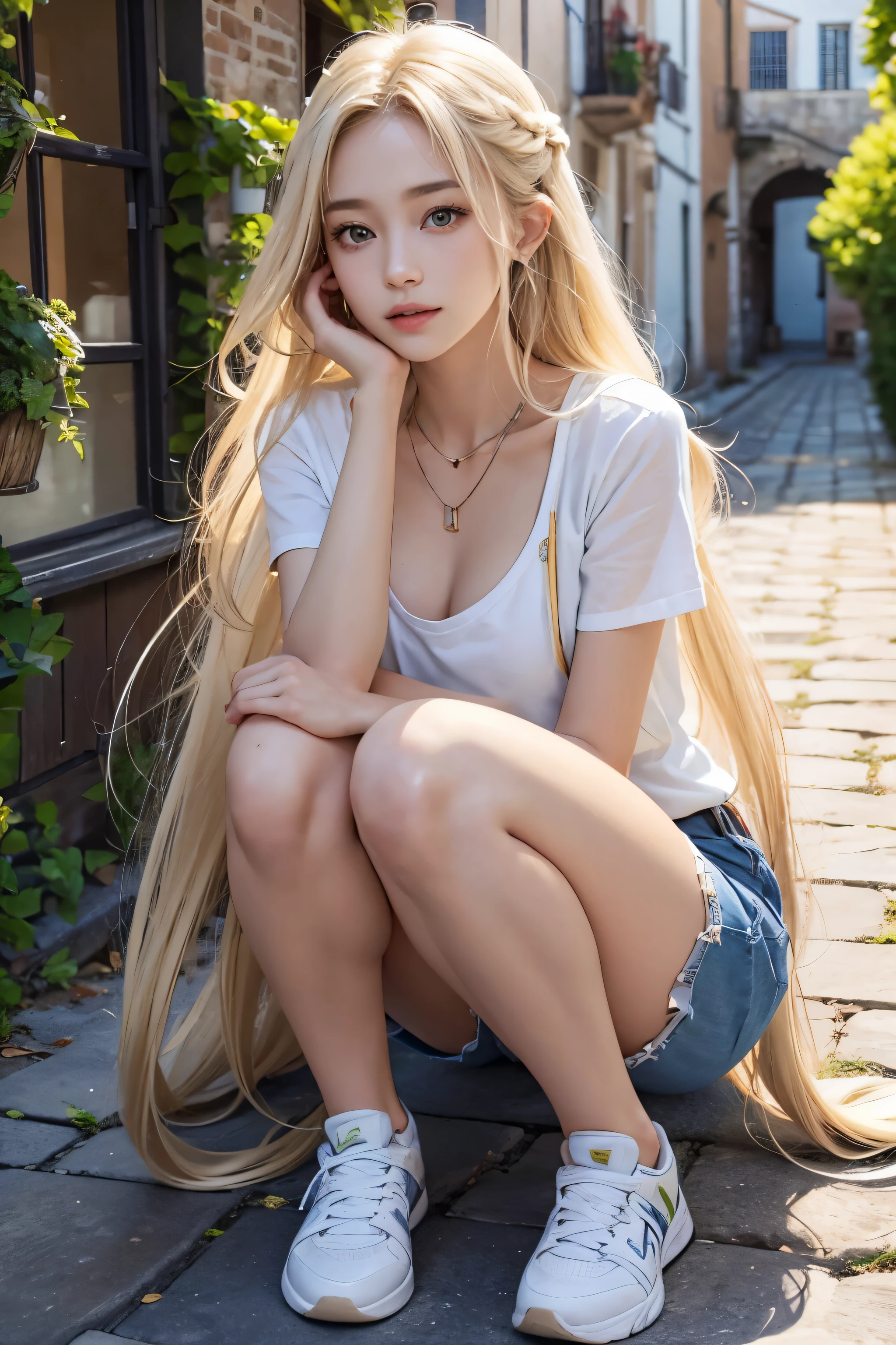 the background is Sicily, building, Italian house, alley, stone road, baskets of flowers, full body photo, 18 years old, beautiful girl, very light Korean white skin, wears top, shorts, sneakers, happy laugh, solo, { beautiful and detailed eyes}, eyes calm green expressions, delicate features, ((model pose)), glamorous body type, medium breasts, (long blonde hair with platinum highlights: 1.2), simple tiny earrings, simple minimal necklace, past_waist_hair, very_long_hair, hair, fine grain, real hands, masterpiece, best quality, 16k, photorealistic, ultra-detailed, finely detailed, high resolution, perfect dynamic composition, beautiful detailed eyes, ((nervous and embarrassed)), sharp focus , full body, cowboy_shot,