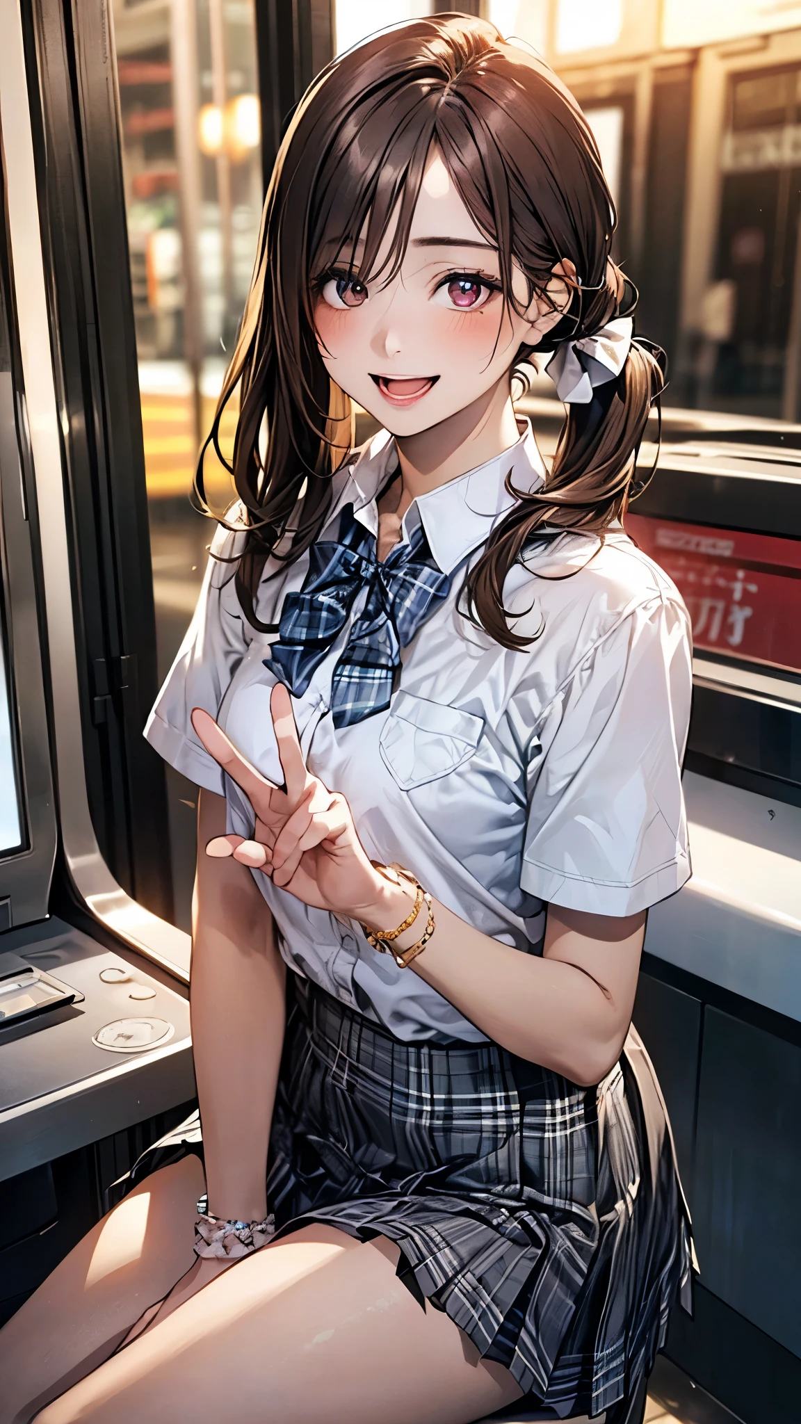 (masterpiece:1.2, top-quality), (realistic, photorealistic:1.4), beautiful illustration, (natural side lighting, movie lighting),
looking at viewer, full body, front view:0.6, 1 girl, japanese, high school girl, perfect face, cute and symmetrical face, suntan, shiny skin,
(long hair:1.5, side ponytail:1.4, brown hair), hair over one eye:1.4, maroon eyes, long eye lasher, (large breasts:0.6),
beautiful hair, beautiful face, beautiful detailed eyes, beautiful clavicle, beautiful body, beautiful chest, beautiful thigh, beautiful legs, beautiful fingers,
((collared short sleeve shirt, white shirt, , grey plaid pleated skirt, blue plaid bow tie), wrist chakra),
(beautiful scenery), evening, amusement arcade, (peace sign, lovely smile, upper eyes, open mouth small),