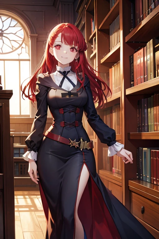 A red haired woman with red eyes with an hourglass figure in a victorian dress is smiling in a library