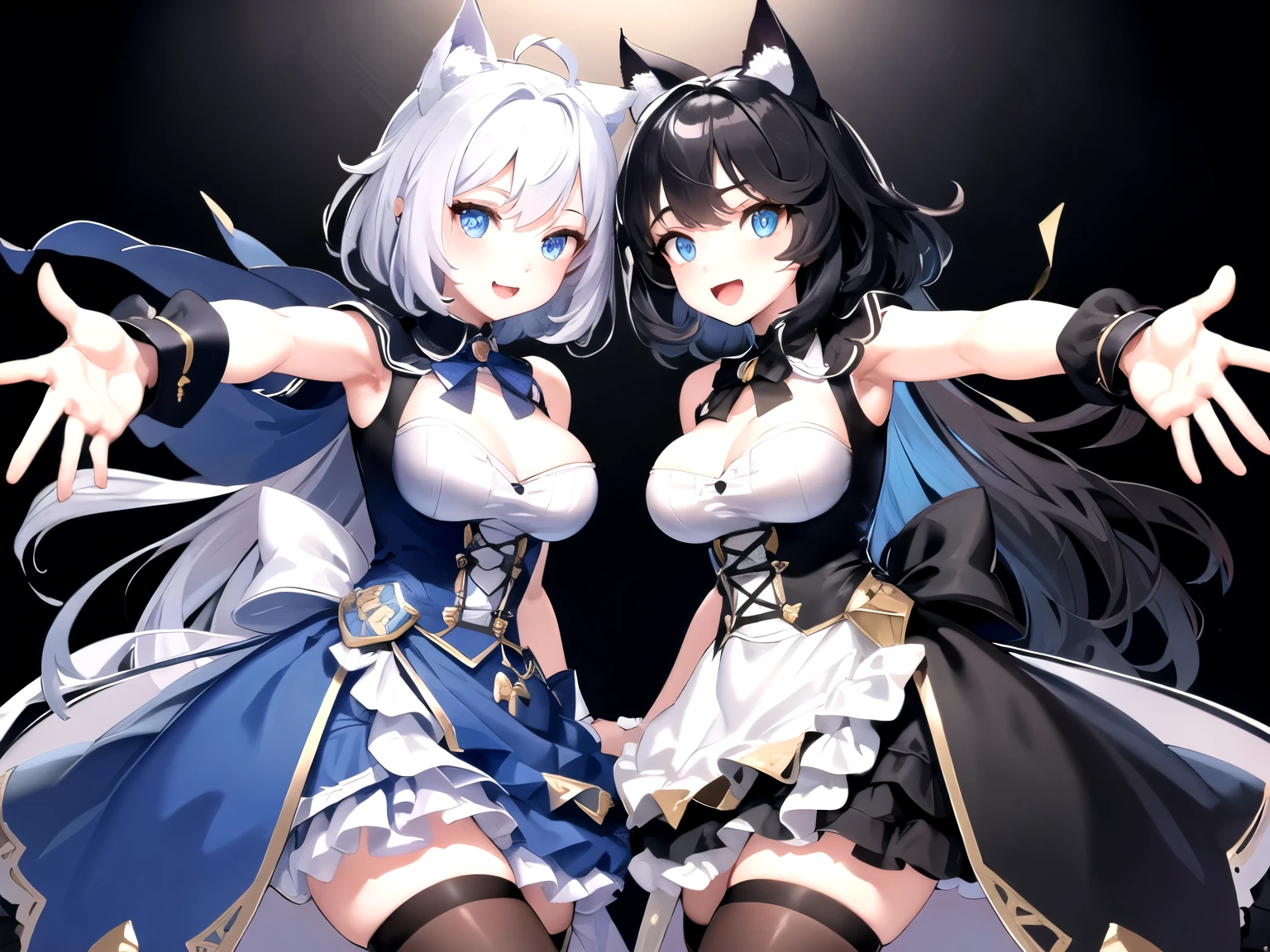 ((upright)), ((arm to the side)), looking at the viewer, simple background、white background, 1 girl, open your mouth, smile, Virtual YouTuber、with a girl、((highest quality, expensive_solve, clear_image)),(black hair), (black cat ears), (Ahoge), (ridiculously short hair), (wavy hair), (blue eyes),、laughter、very big breasts、whole body、I can see the cleavage、Dressed in student uniform、character sheet,character reference sheet, character design sheet, ((View from the front, side view)) symmetrical elements of clothing,
