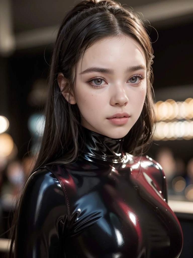 labios ligeramente abiertos, (RAW 8k photo) of beautiful woman (Hailee Steinfeld), edgML_body, long hair, ((best quality)), ((masterpiece)), (realistic, photo-realistic:1.37), DSLR photo, DLSR, Real photo, cowboy shot, smile, looking at viewer, (wearing a crimson latex pencil dress, edgpdress), (highly detailed skin:1.2), midday, natural lighting, makeup, long black hair, perfect eyes, long eyelashes, cleavage, beautiful woman modeling in a dance club, (crimson latex:1.4), shiny, glossy, Hailee Steinfeld, (best quality,4k,8k,highres,masterpiece:1.2),ultra-detailed,realistic,professional, sexy,beautiful detailed eyes,beautiful detailed lips,long eyelashes,radiant skin,flowing hair,sexy Hailee Steinfeld, sensual expression,gorgeous makeup, feminine silhouette,soft lighting,vivid colors,