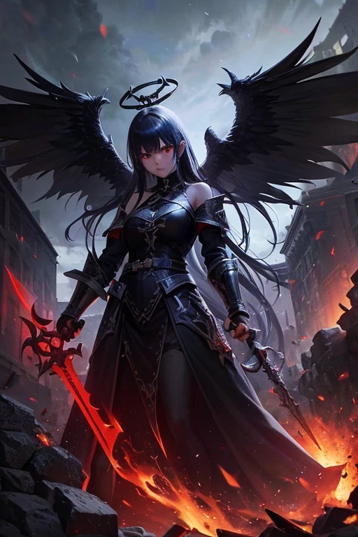 (dark,menacing:1.2),evil dark angel, (long blue hair:1.1), (red halo:1.1), (flaming sword:1.1) shaped like a cross, (dark fantasy:1.2), (red eyes:1.1), (black wings:1.1), (sinister aura:1.1), eerie atmosphere, (ominous shadows:1.1), (mysterious background:1.1), (intense lighting:1.1), (dramatic pose:1.1), medieval, soaked in blood, gore, horror