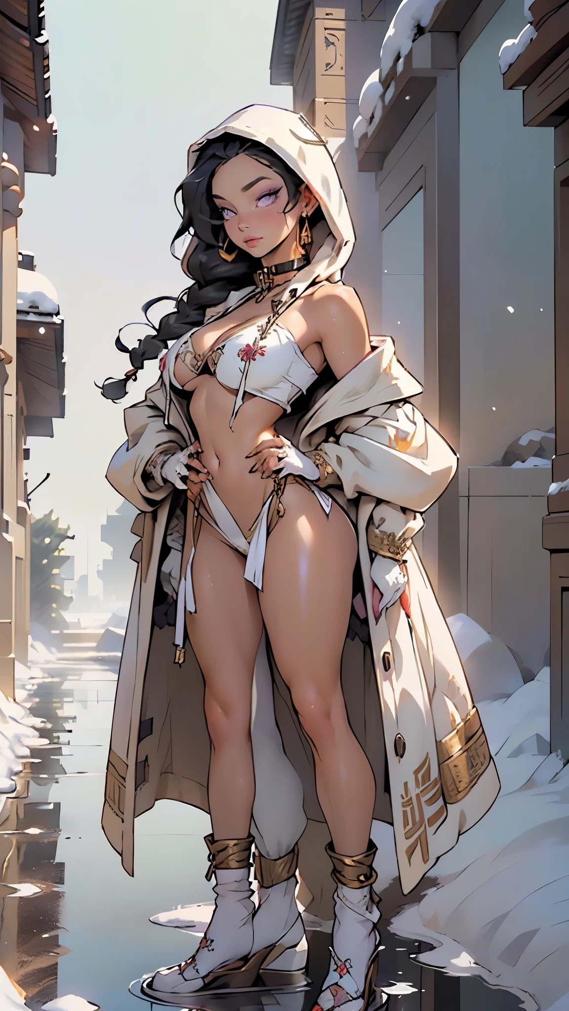 girl from ancient Egypt,1girl,
(large breasts:1.4),((((long twin braids,tight braids,long braid,braided hair,long hime cut,dark hair,black hair,colored inner hair)))),(((purple_eyes:1.3))),intricate eyes,beautiful detailed eyes,symmetrical eyes,((((lustrous skin:1.5,tanned skin,bright skin: 1.5,skin tanned,shiny skin,very shiny skin,shiny body,Reflective skin)))),(spider lower abdomen,narrow waist,wide hip,athletic body,inflated legs,thick thighs,delicate detailed fingers,(detailed face)),beautiful detailed lips,
cute,slutty,sensual,seductive look,seductive,((erotic)),opulent,sumptuous,((nsfw)),
(((eyeshadow,egyptian makeup,eyelid makeup))),zettai ryouiki,revealing clothing,show skin,((((underboob)))),(((Long white socks, socks with furry edge))),((thong with furry edge)),((((egyptian hoodie,white hoodie,old style hoodie)))),((((slave collar,Long chain leash connected to her collar,shackles)))),crop top bikini,choker,straps,(((Sexy white fur coat, white fur coat outfit, wearing a white fur coat:1.3,white winter coat))),(white gloves,semi-naked,with little white clothing,(((furry edge clothing)))),(cleavage:1.3),((strapless, off shoulder)),(((wet clothes,intricate outfit,embroidered outfit,ornate outfit,embroidered clothes,ornate clothes))),
(flirtatious pose:1.3), looking at viewer,embarrassed,centered,scale to fit dimensions,Rule of thirds,
((snowy egyptian palace)),winter,scenery:1.25,((intricate scenery)),((snow forest background)),snow everywhere,(,snowy egyptian palace background,snowy pyramids in the background),extremely scenery,(puddles everywhere),clouds,Egypt style,Egypt castle,(sunset, golden hour),
(Glossy Egyptian ornaments),highres,sharp focus,(ultra detailed,extremely detailed),(photorealistic artwork:1.37),(extremely detailed CG unity 8k wallpaper),(((vibrant colors,vibrant theme))),(intricate),(masterpiece),(best quality),artistic photography,(photography taken by sldr),(intricate background),perfect rendered face,perfect face details,realisti