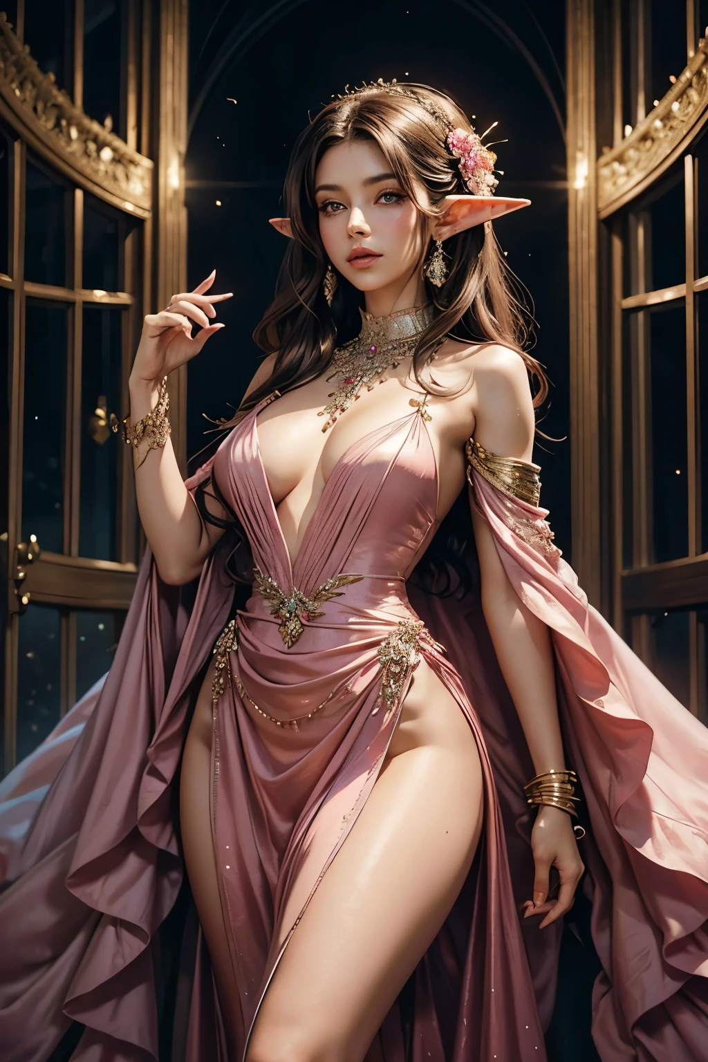 Masterpiece – A stunningly exquisite digital artwork, crafted with the utmost precision and artistic finesse.
Digital artwork – An awe-inspiring digital creation, brought to life through the skillful hands of a talented artist.
A gorgeous beautiful brunette elf woman – The epitome of ethereal beauty, a resplendent brunette elf woman graces the scene with her captivating allure.
Pink satin dress – Draped in a flowing pink satin dress, cascading delicately around her graceful form, she exudes an aura of elegance and femininity.
Waist chains – Adorned with intricate waist chains, delicately embellished with precious gemstones, she adds a touch of enchantment to her already mesmerizing presence.
Curvy – Blessed with enchanting curves