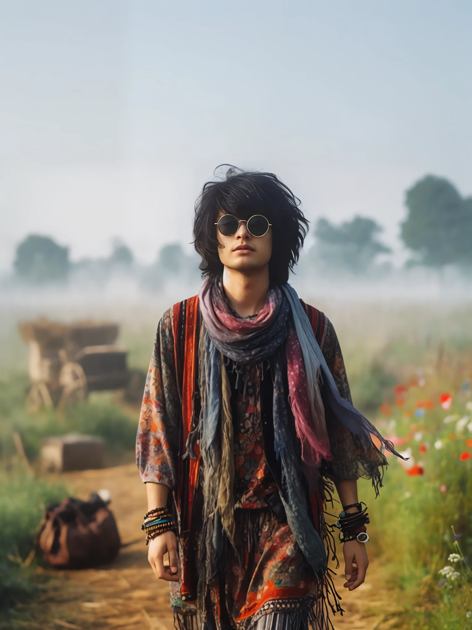 araffe walking down a dirt road in a field with a blanket, cottagecore hippie, still from the movie, hippie fashion, bohemian fashion, jonny greenwood, a still of an ethereal, movie promotional image, still from a fantasy movie, woodstock, still from a live action movie, hot summertime hippie, hippie chic, jonny greenwood (lead guitar)