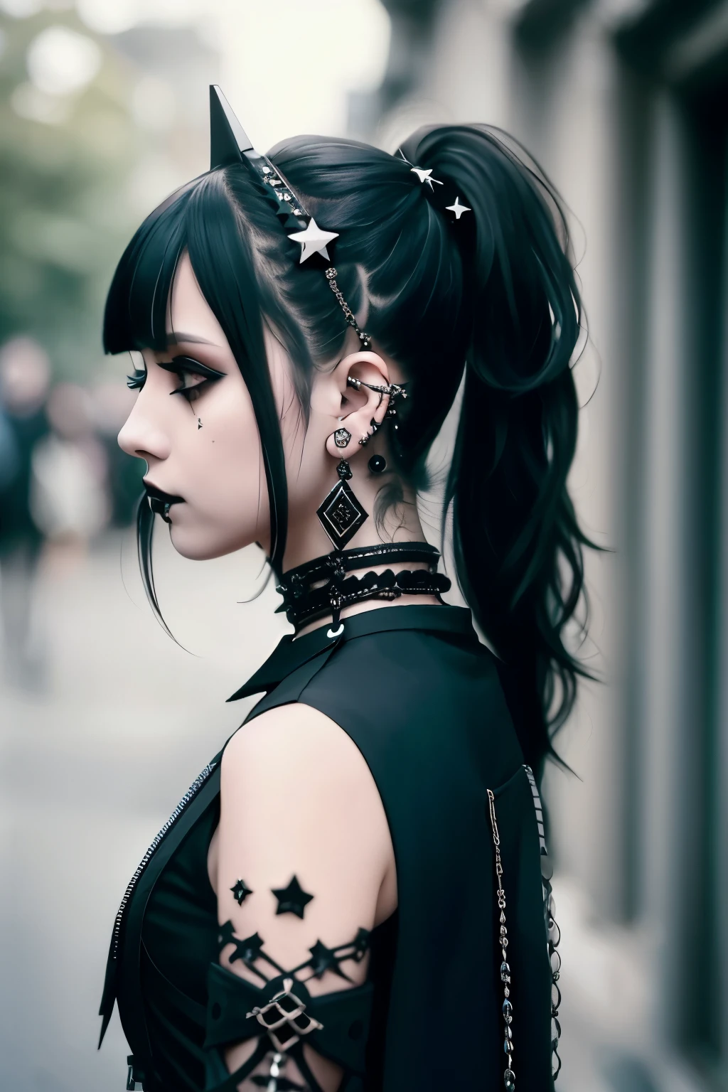 medium shot, Goth_punk, 1 girl, One, Walk through the Citadel, profile, blurred, blurred background, Jewelry, black hair, Star (symbol), piercing, ponytail, earrings, from the outside, hair ornament, ear piercing, lips, black eyes, headdress, closed mouth