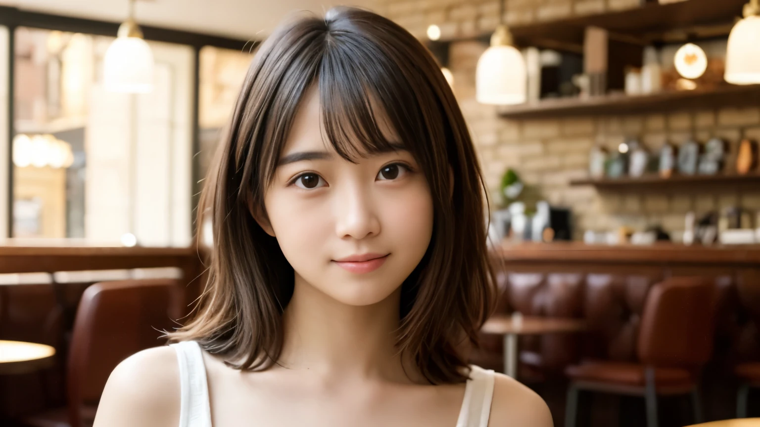 masterpiece, best quality, 8k, disorganized person, (Upper body:1.4), stylish cafe,tight knit, beautiful girl, pretty face, looking at the viewer, smile, super realistic, high resolution, picture, sharp focus, HDR, face light, dynamic lighting, movie lighting, professional shadow, beautiful cafe background, best details, very detailed, Super detailed, finely, real skin, delicate facial features, detailed face and eyes, sharp pupils、real students