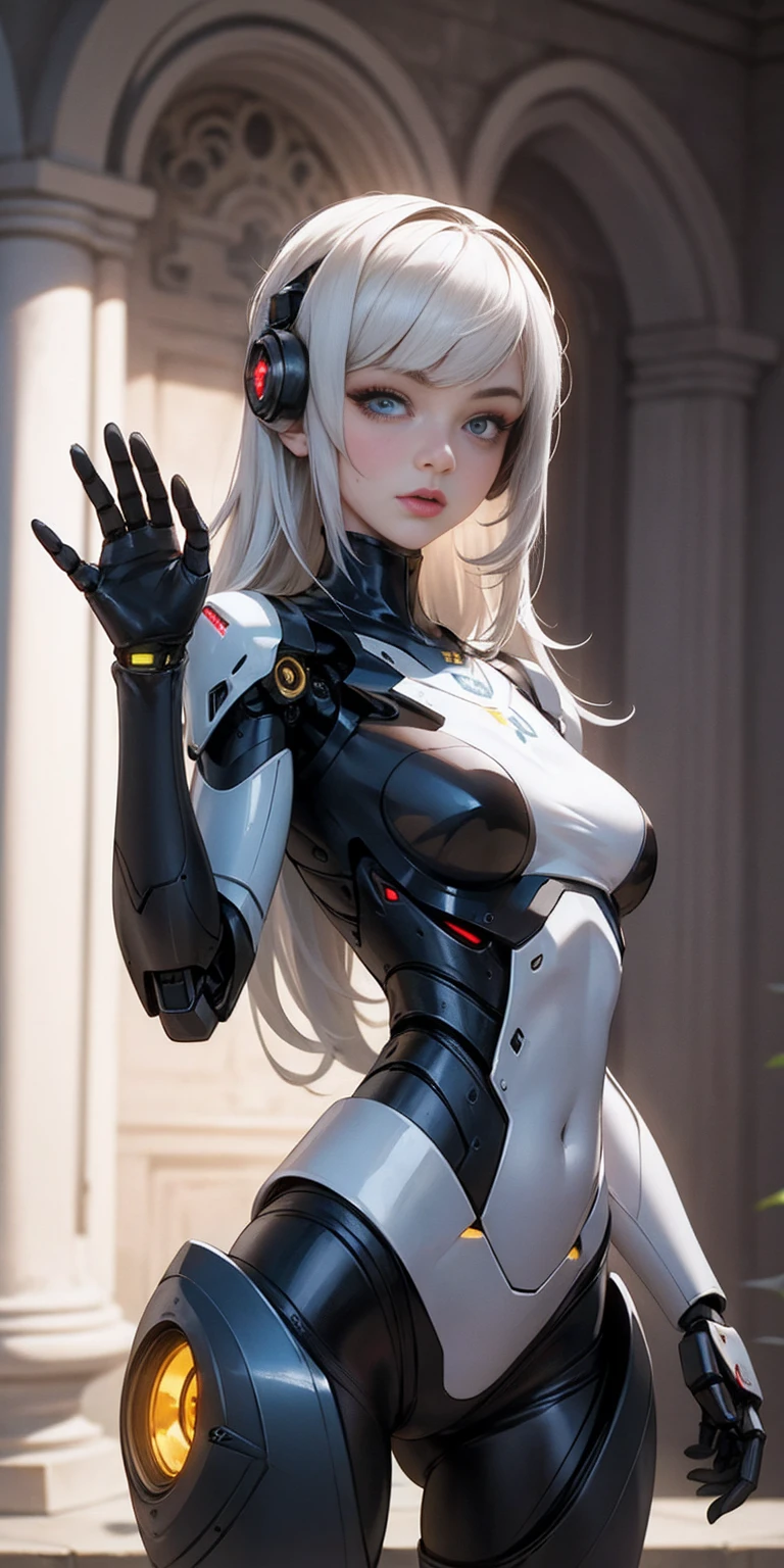 There is a woman in a robot suit posing next to an ancient building, Beautiful white girl half cyborg, Cute cyborg girl, Beautiful girl cyborg, Perfect Robot Girl, Cyborg girl, Young cyborg grady, Beautiful Female Robot, Beautiful robot woman, cyborg girl, perfect cyborg female, porcelain cyborg, Female robot, Beautiful cyborg images