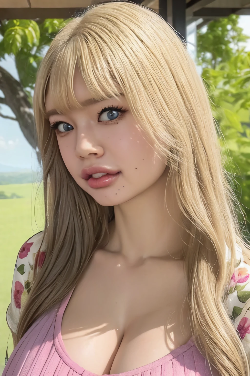 RINA, Babe Rina, 1girl, portrait, standing straight, blonde halfup hair, blonde curly hairstyle, blueish eyes contact, (detailed eyelash:1.4), pink teak, dress, crop top dress, revealing skin, pink barbie looks, bimbo lips, big lips, red lipgloss, (sexy lips:1.4), pink room, gigantic breast, oppai, princess look, looking at camera, Ultra-realistic capture, Highly detailed, High resolution 16k, Skin should look healthy, Use natural light and color