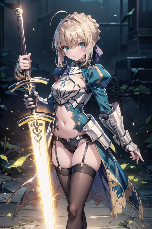 Artoria Pendragon (saber),Yellow theme，holdingsword，armor，exposing your navel，SakuraNS，Promotional poster style，((D cup))，exposing your navel，Sexy one-piece stockings，Happy look，Fleshy thighs
